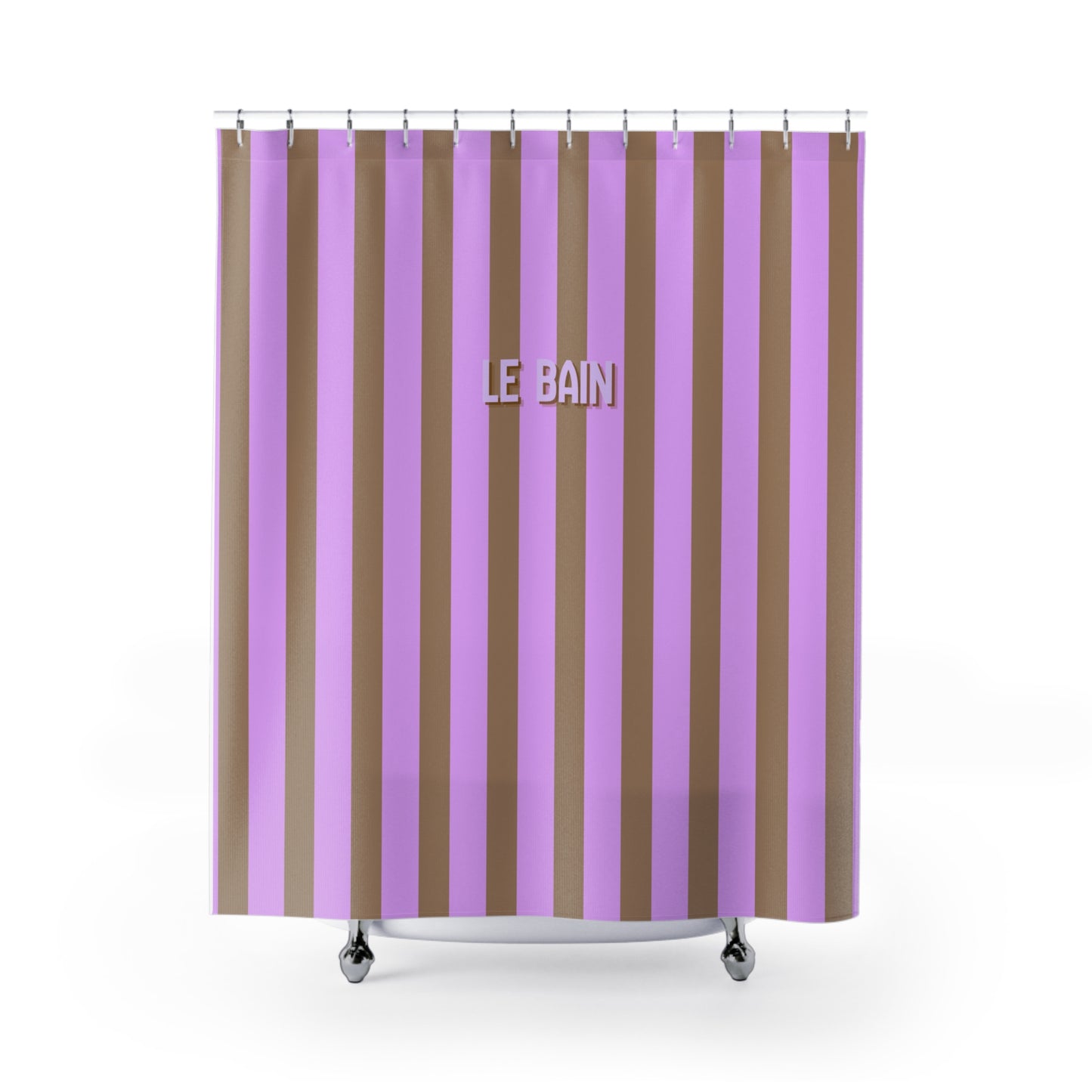Shower curtain with purple and brown vertical stripes and 'LE BAIN' branding.