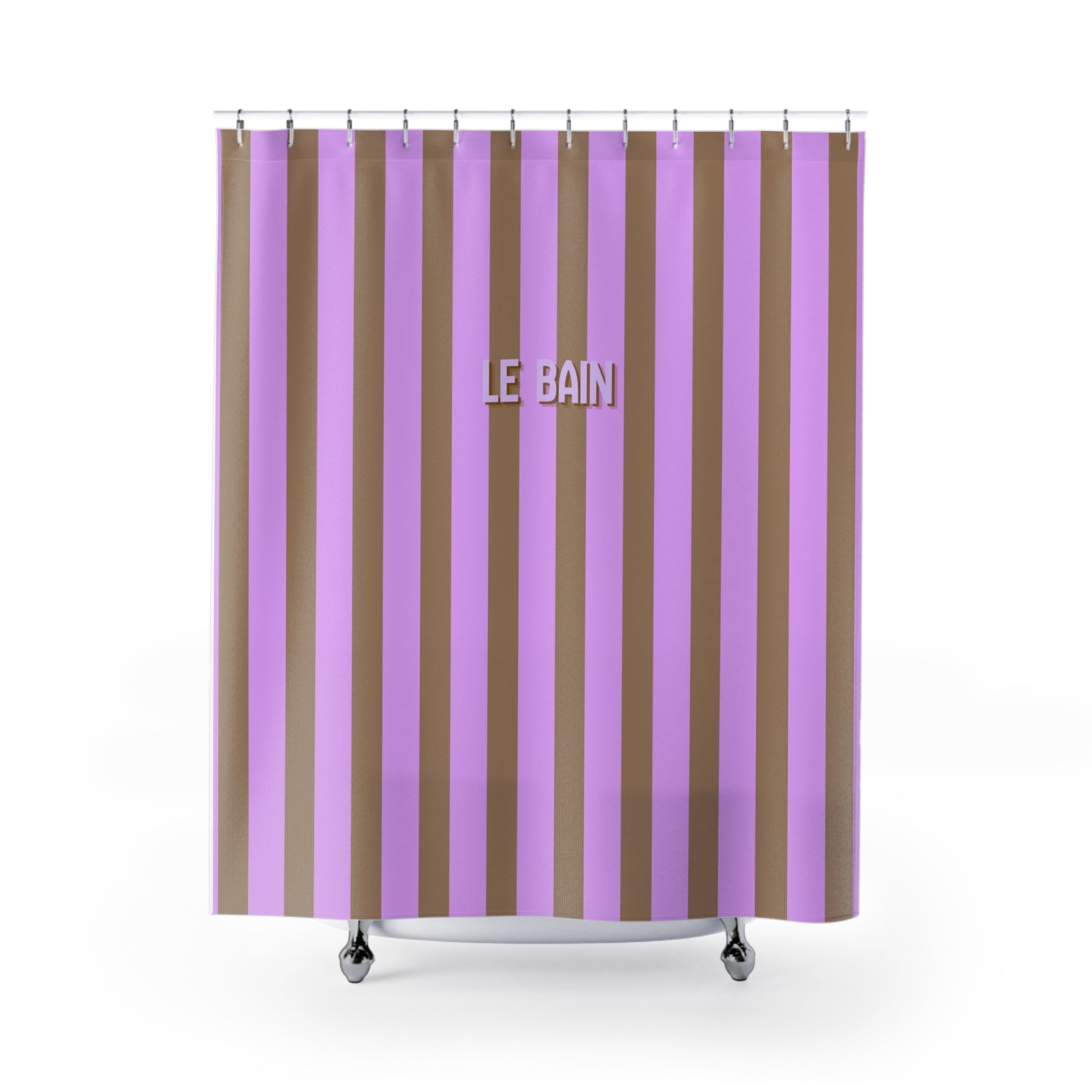 Shower curtain with purple and brown vertical stripes and 'LE BAIN' branding.