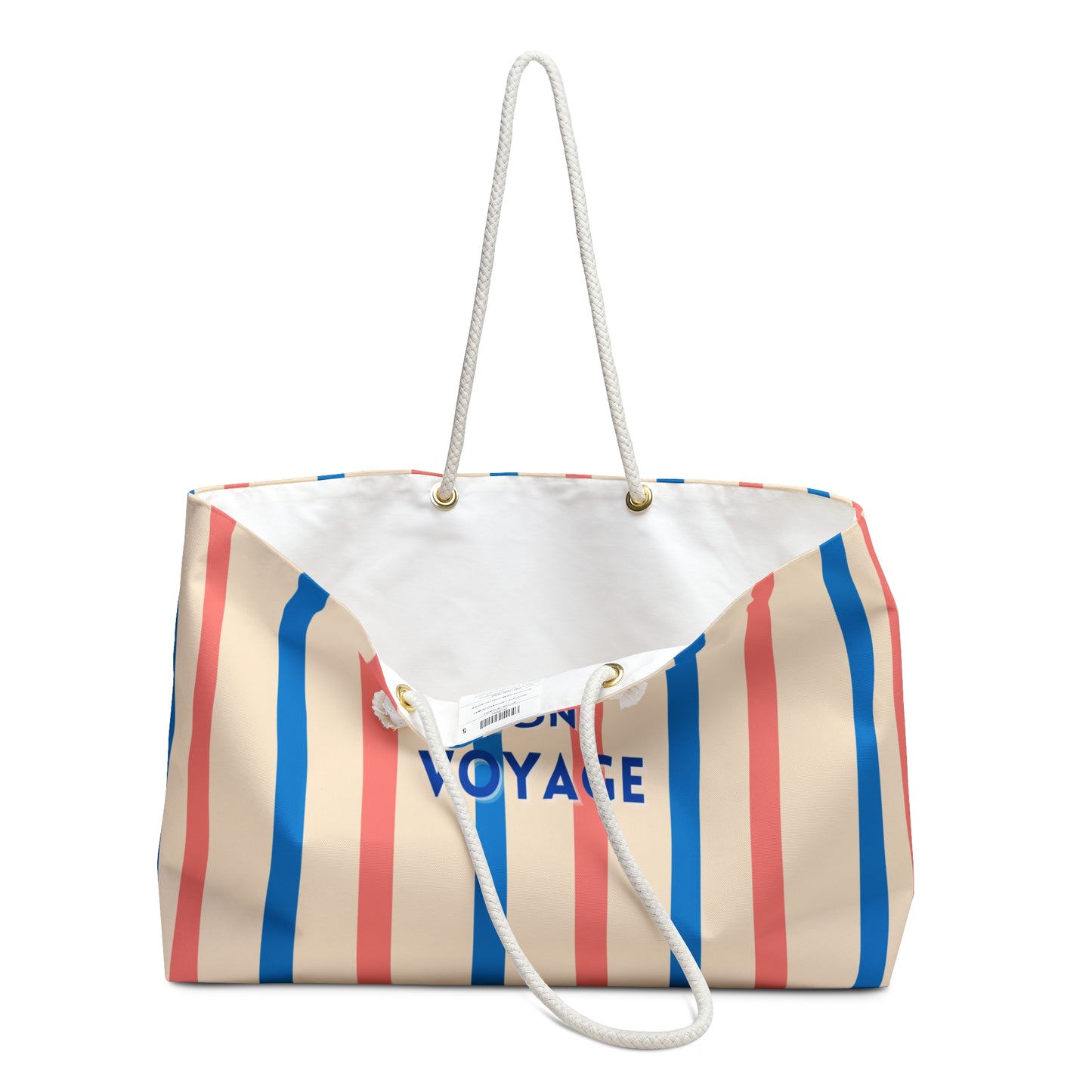 Striped tote bag with 'Voyage' text on a white background