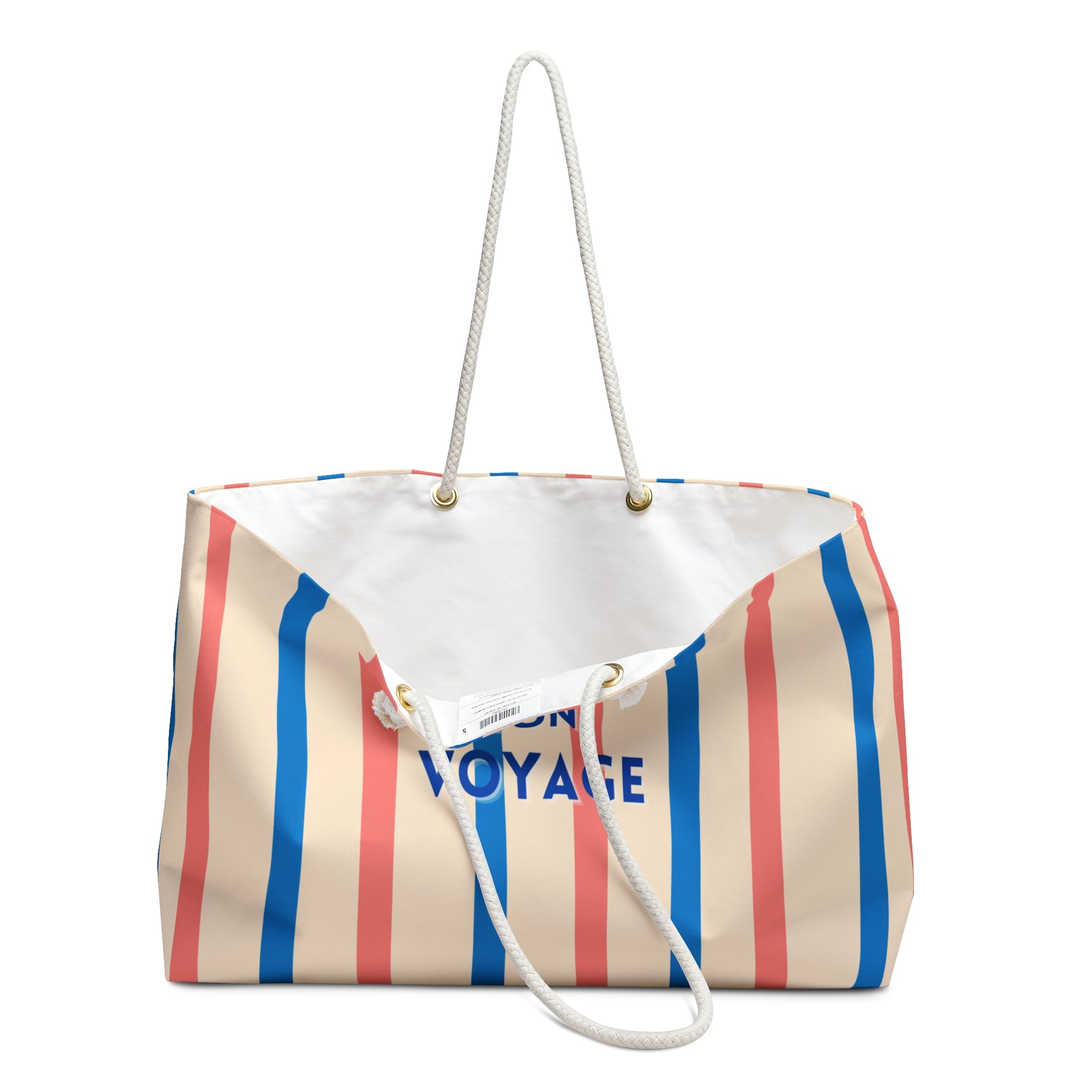 Striped tote bag with 'Voyage' text on a white background