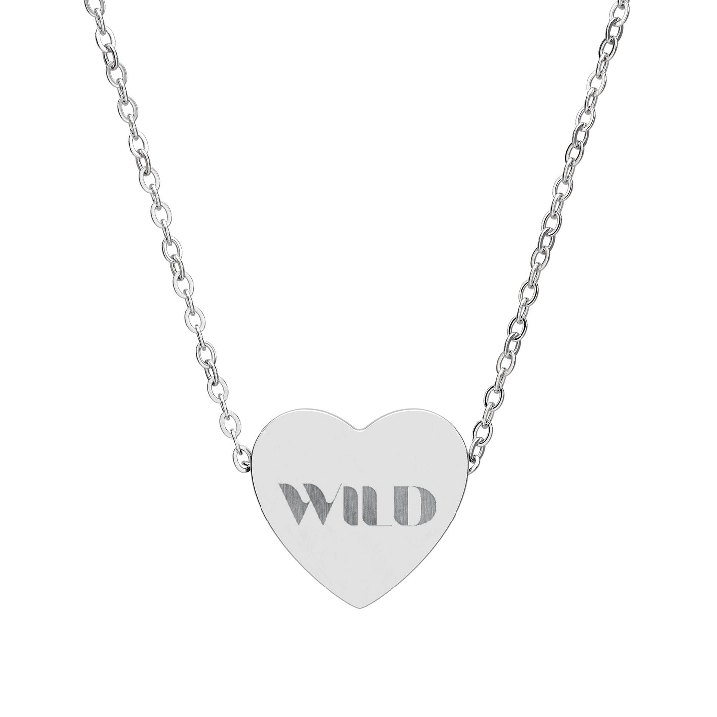 Heart-shaped silver necklace with 'my love Only' engraving on a white background