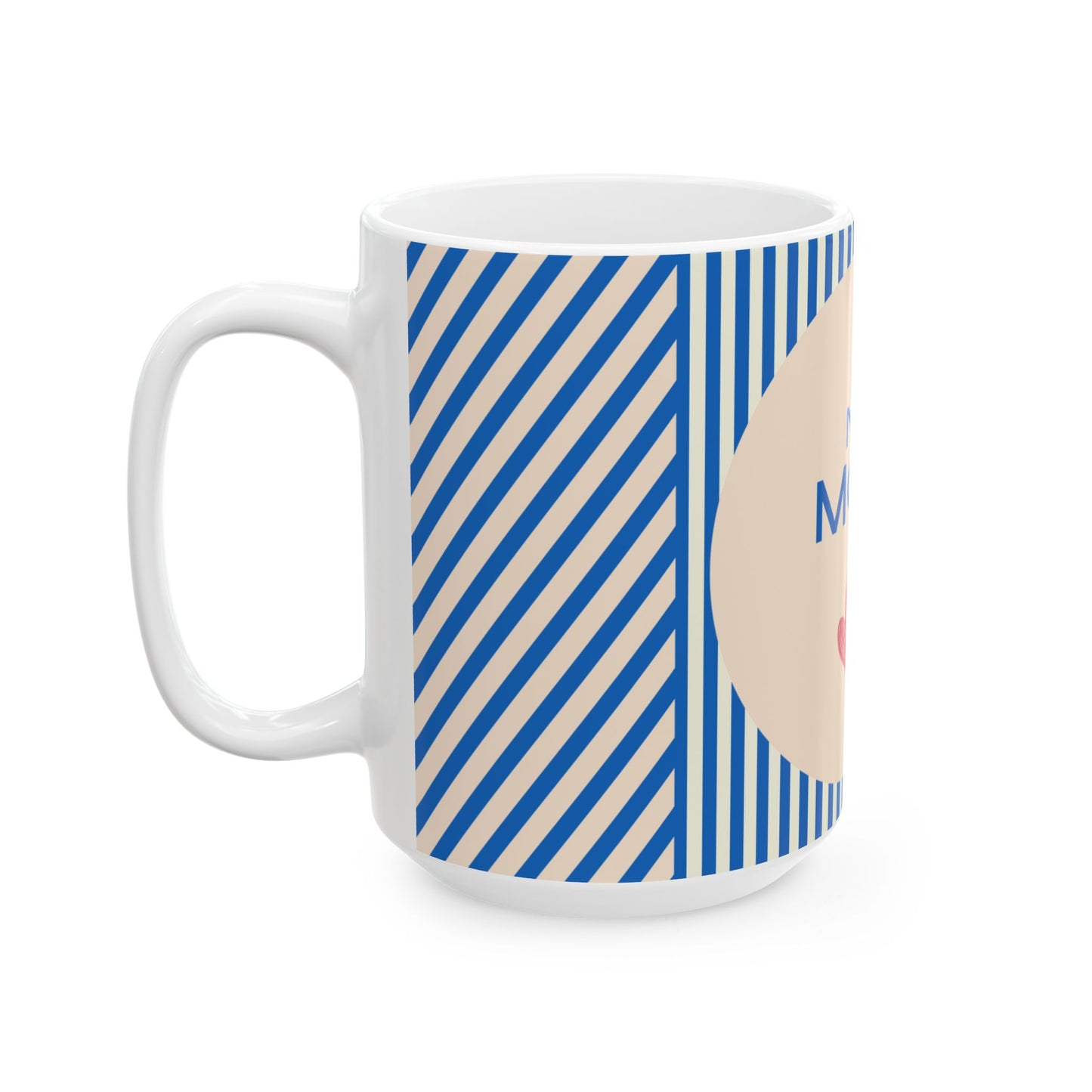 White mug with blue and beige striped design on a white background