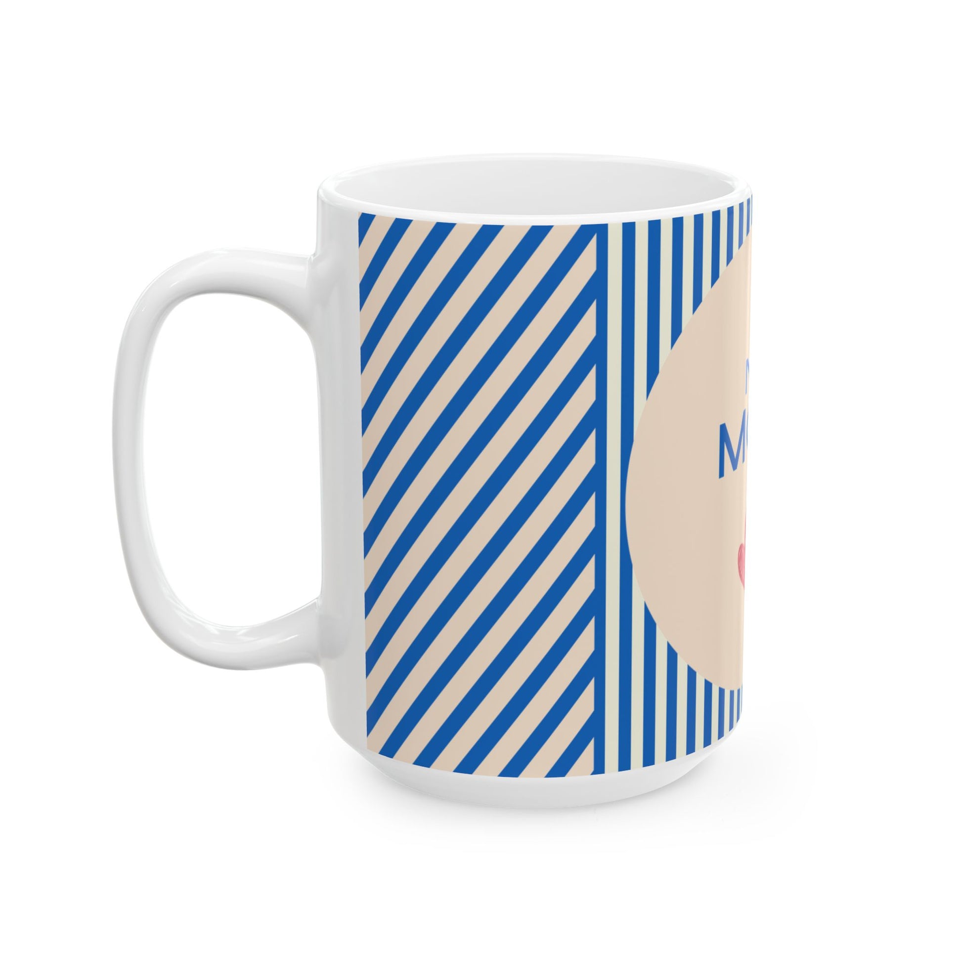 White mug with blue and beige striped design on a white background