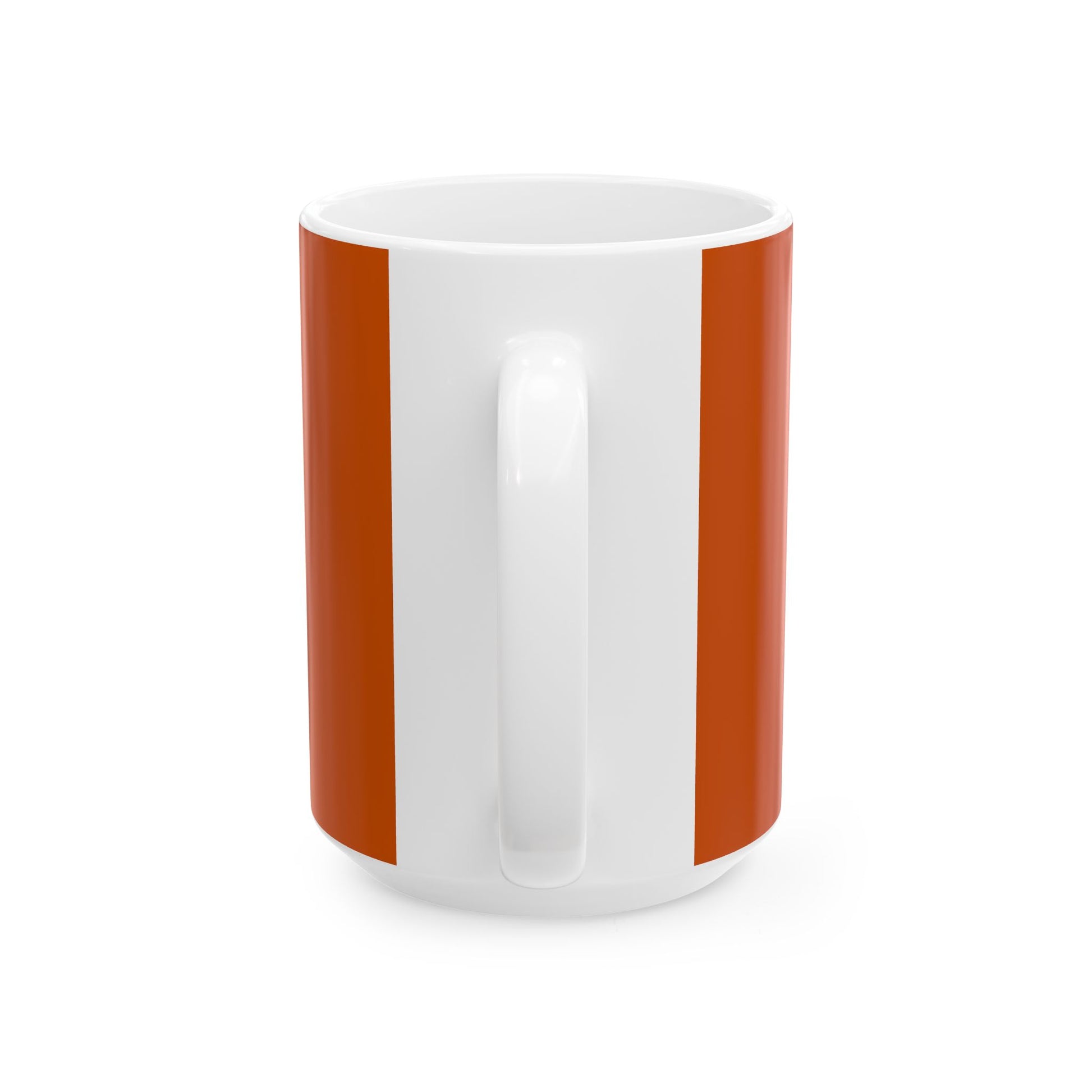 A white ceramic mug with two vertical orange stripes on the sides, shown from a three-quarter angle against a plain white background.