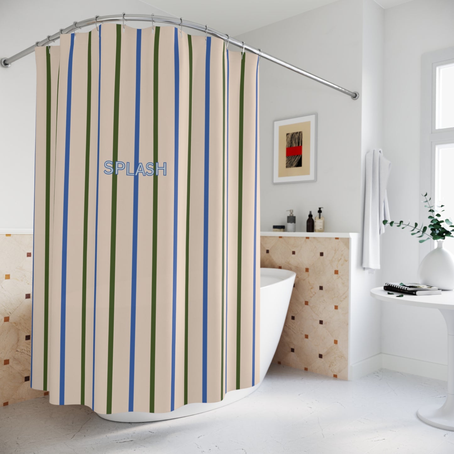 Playful 'SPLASH' Shower Curtain — Beige and Blue Modern Bath Curtain