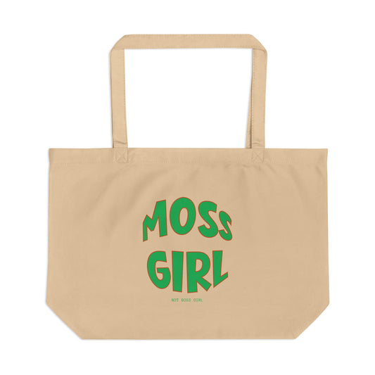 Beige tote bag with 'MOSS GIRL' text in green on a white background