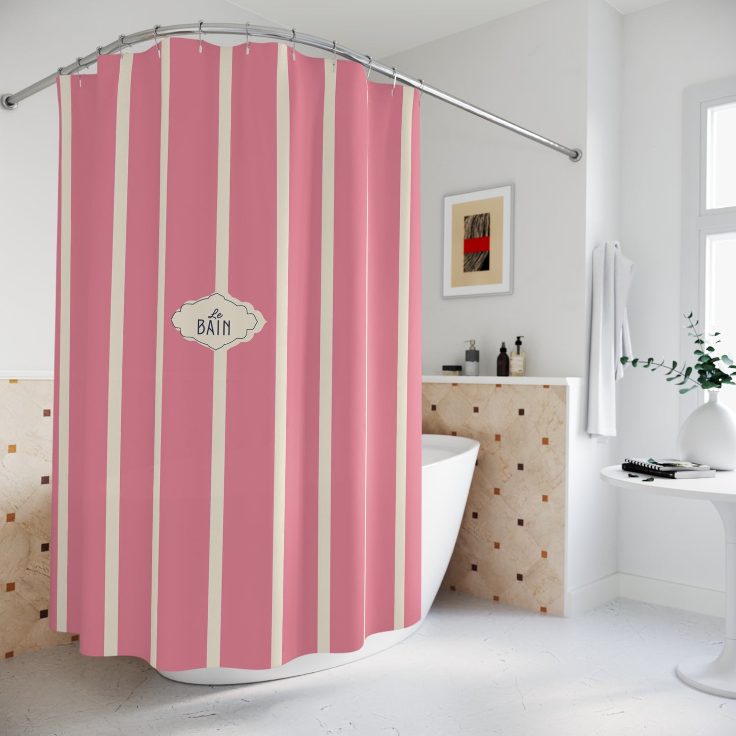 Pink and off-white vertically striped shower curtain with a central decorative label reading 'BATH', shown hanging in a bright bathroom setting.