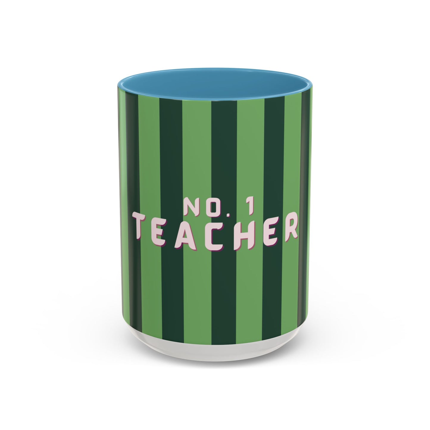 Striped mug with 'No. 1 Teacher' text on a white background