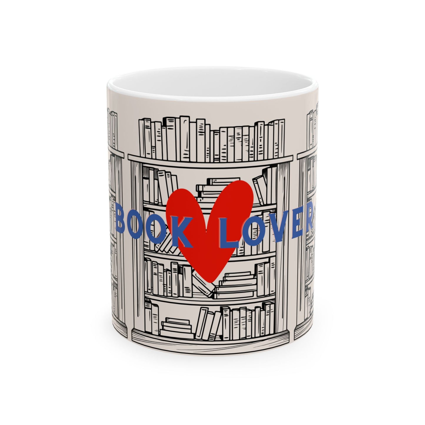 Mug with bookshelf design and 'Book Lover' text on a white background