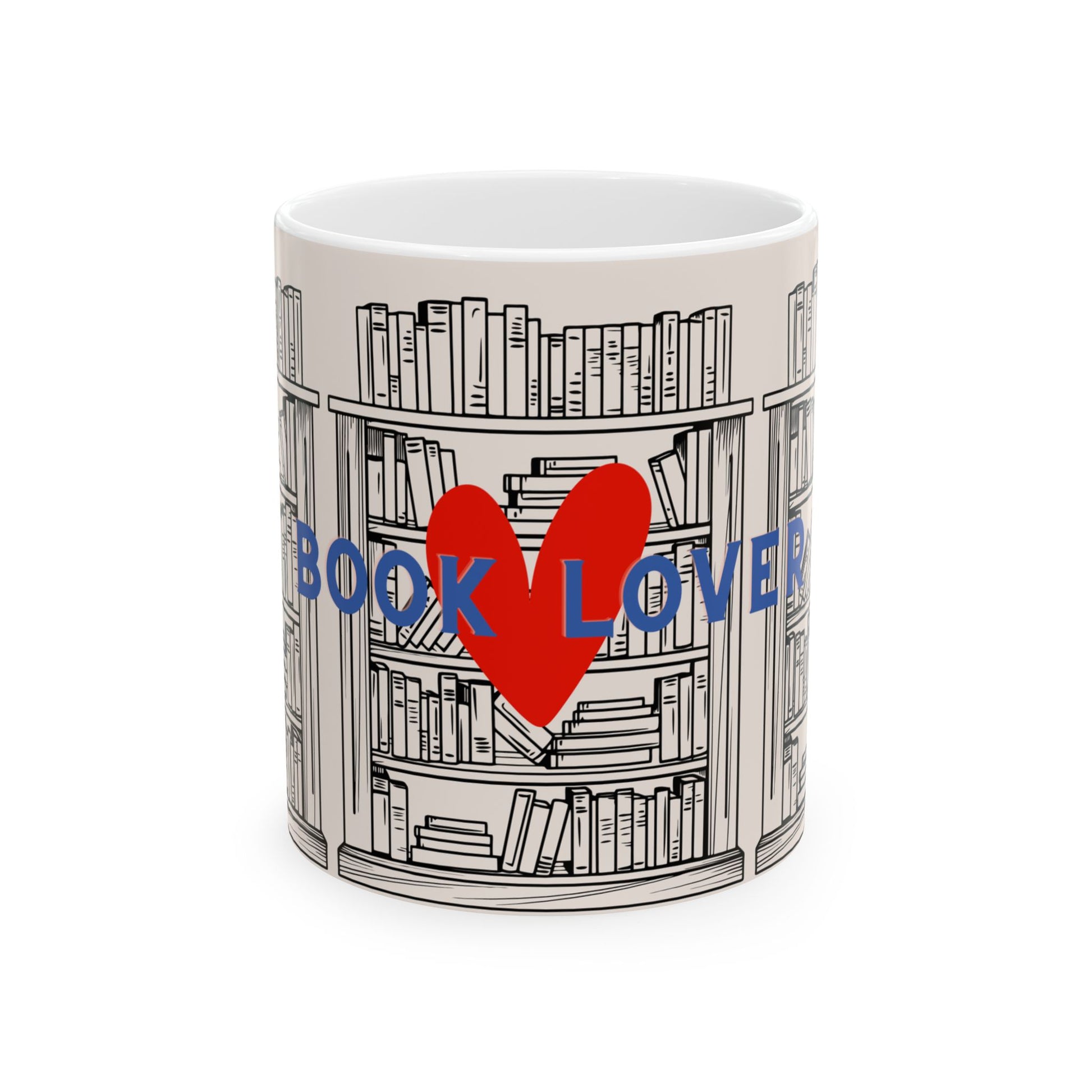 Mug with bookshelf design and 'Book Lover' text on a white background