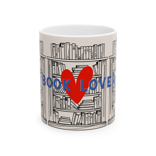 Mug with bookshelf design and 'Book Lover' text on a white background