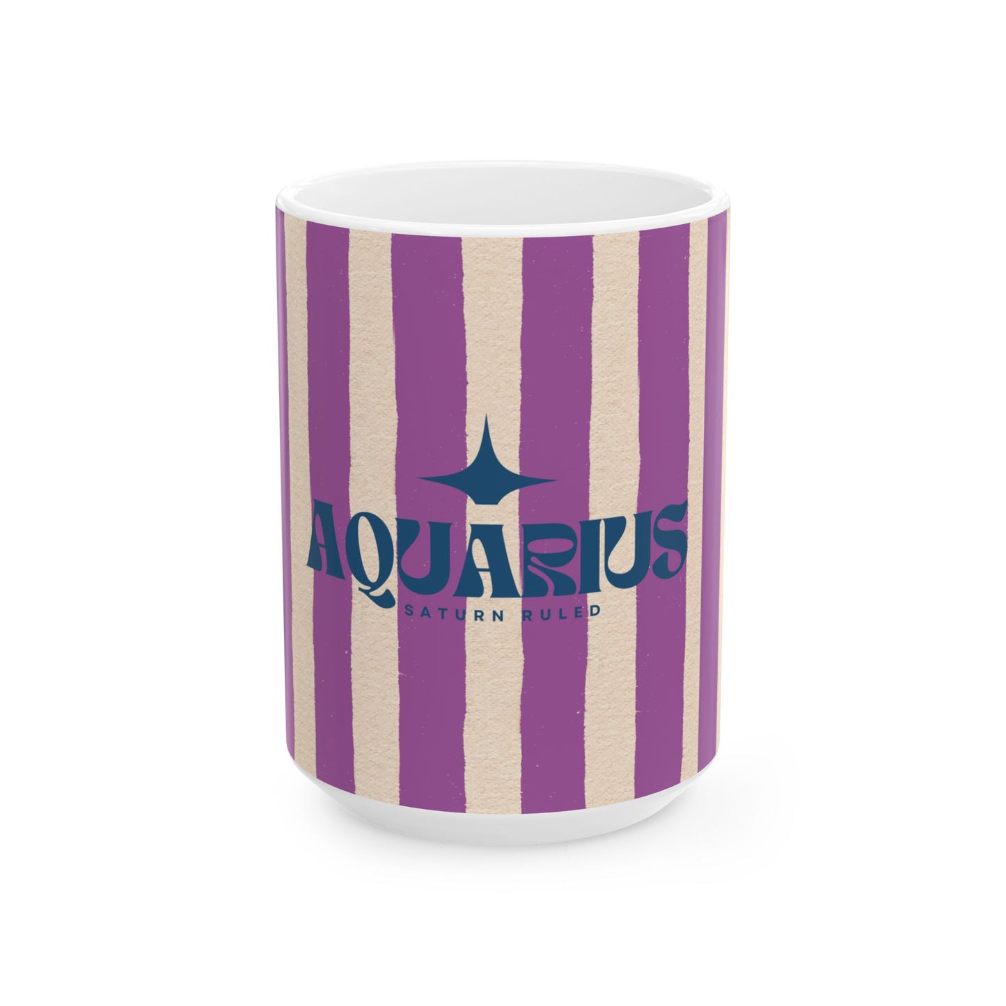 Mug with purple and beige striped design featuring the word 'Aquarius'.