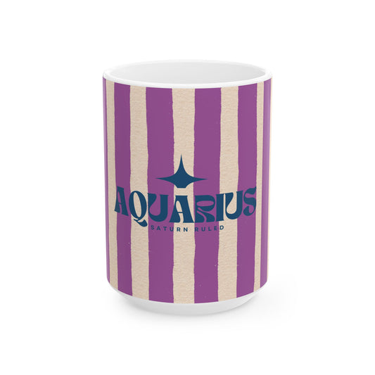 Mug with purple and beige striped design featuring the word 'Aquarius'.