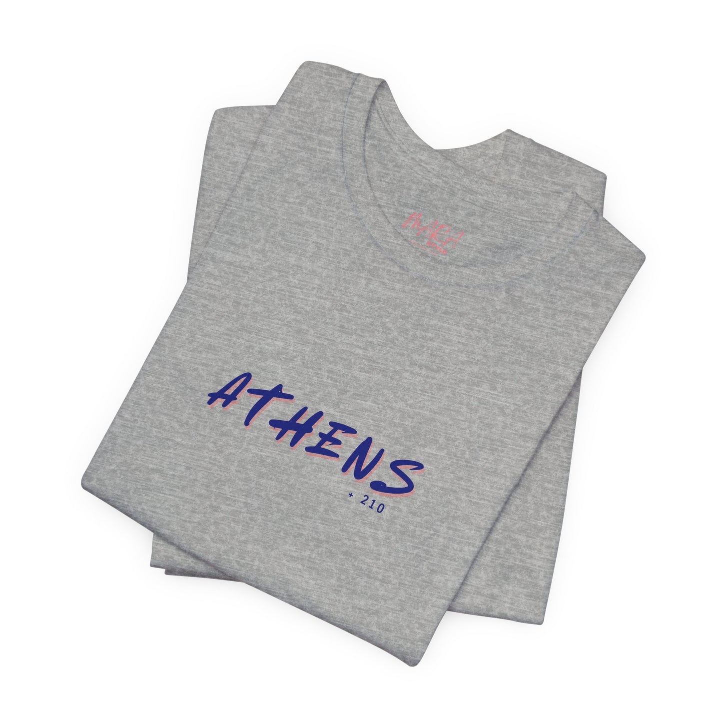 Folded gray t-shirt with 'ATHENS' text on a white background