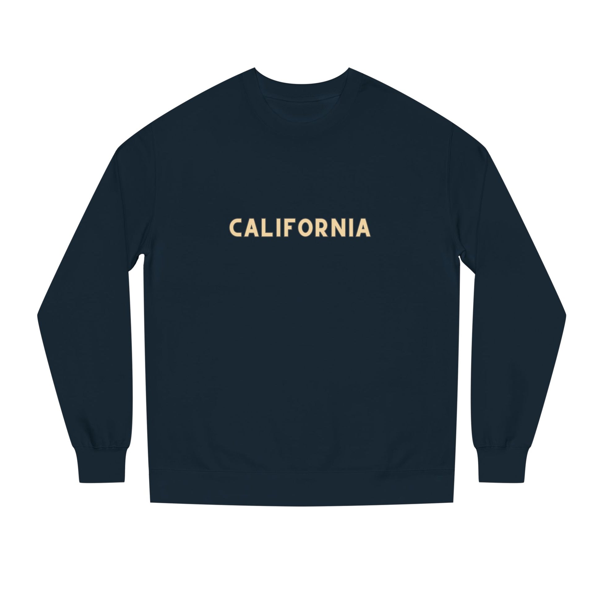 Navy blue long-sleeve shirt with 'CALIFORNIA' printed in gold on a white background