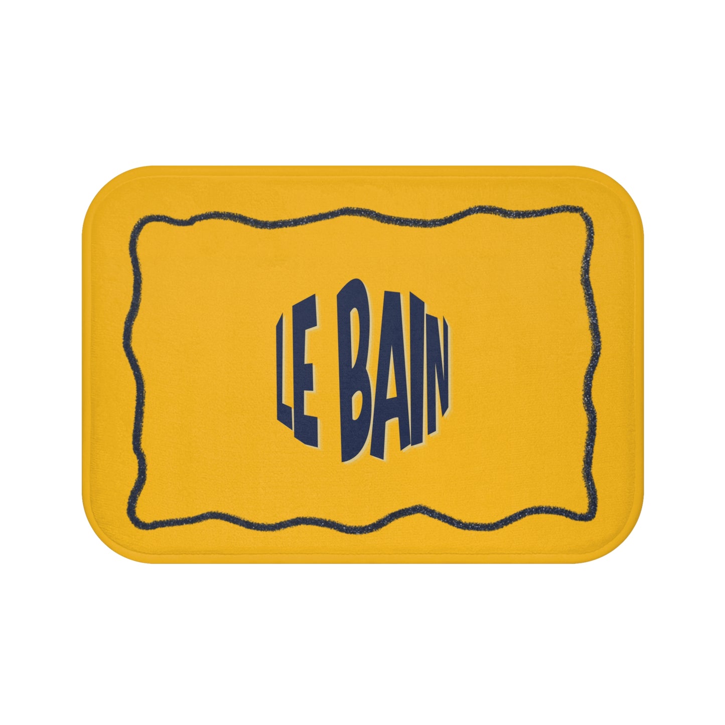 Yellow bath mat with 'LE BAIN' text on a white background