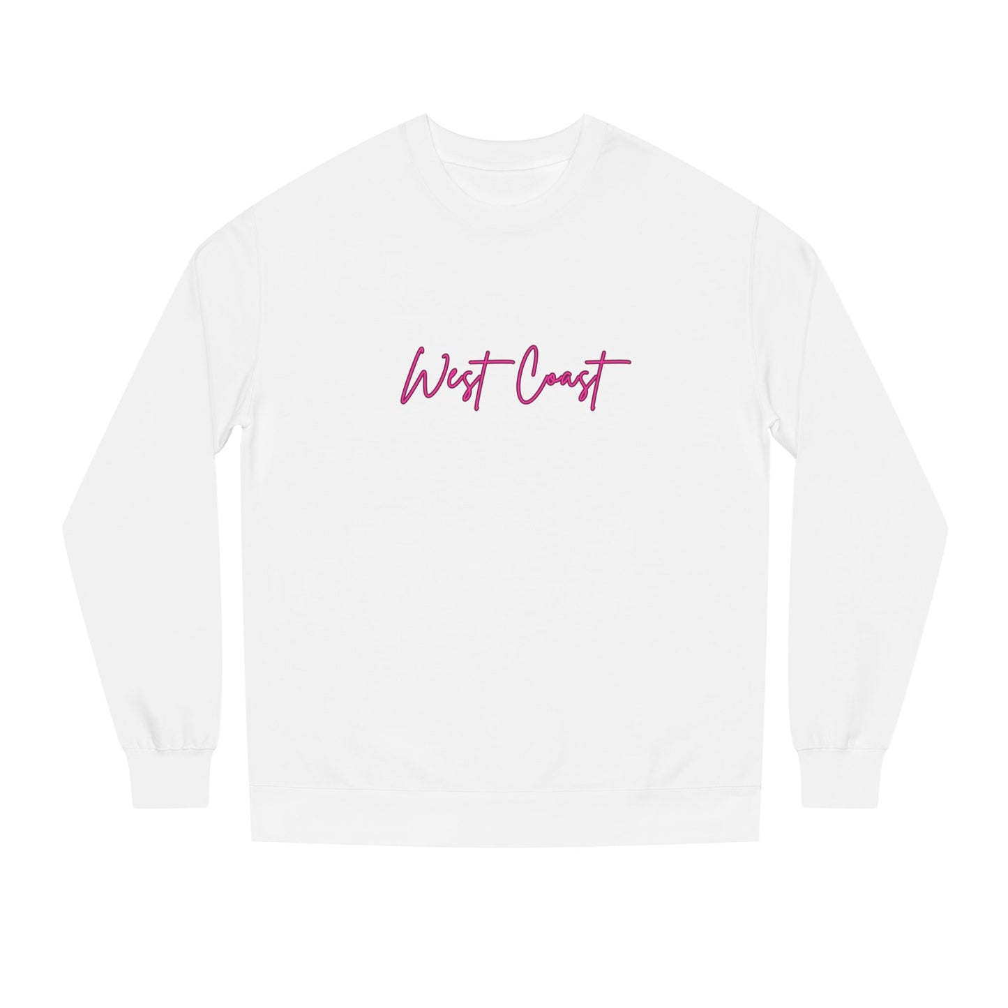 White sweatshirt with 'West Coast' text in pink on a white background