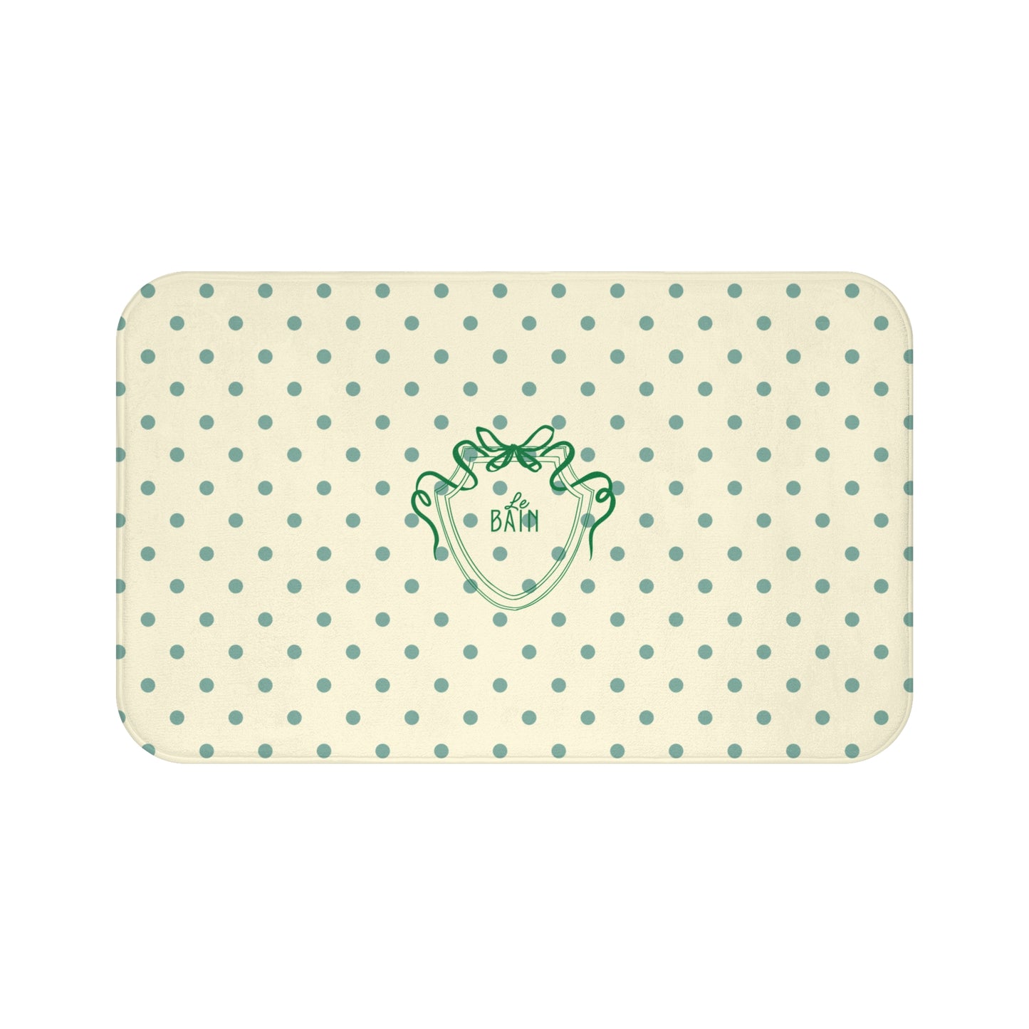 Rectangular bath mat with polka dot pattern and brand logo on a white background
