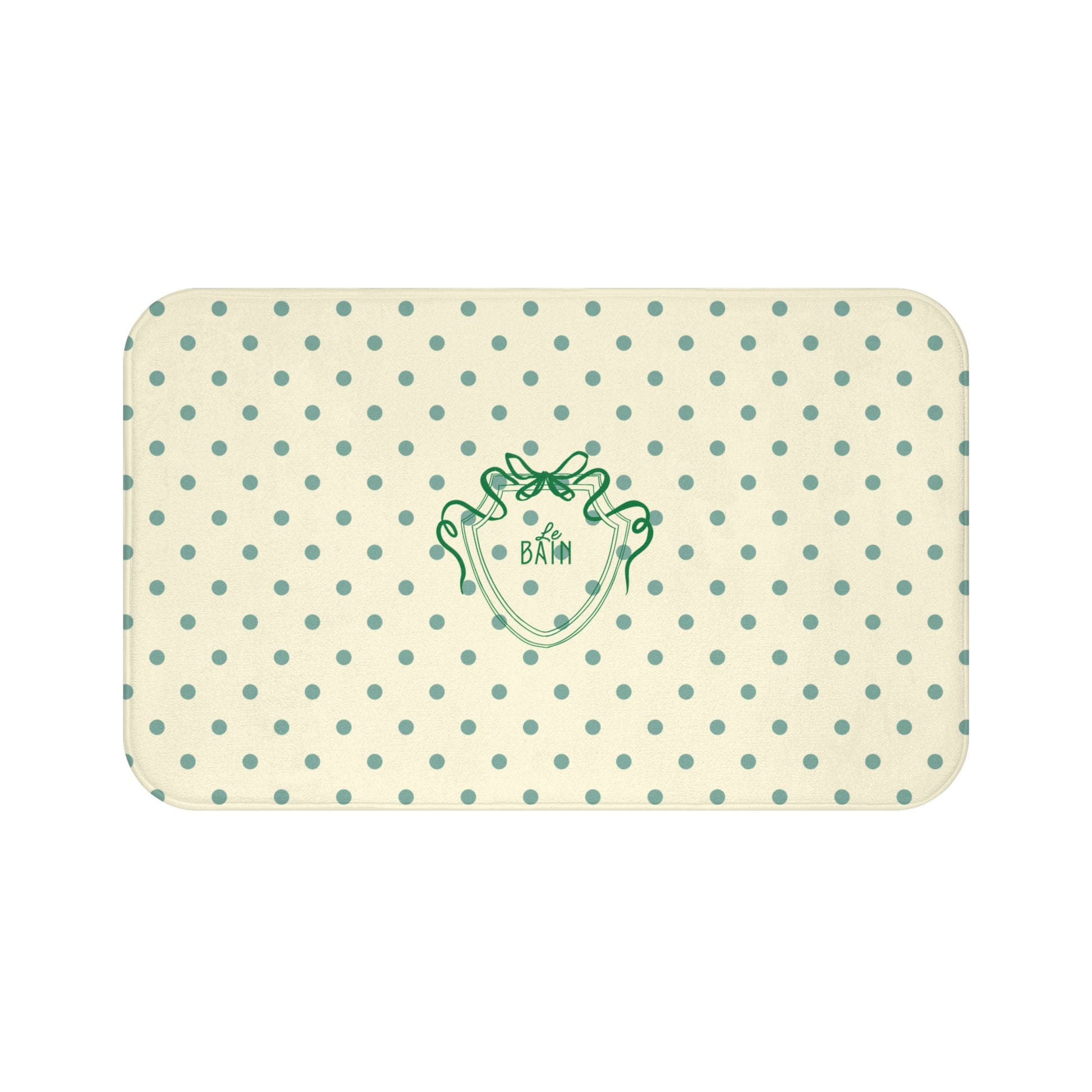 Rectangular bath mat with polka dot pattern and brand logo on a white background