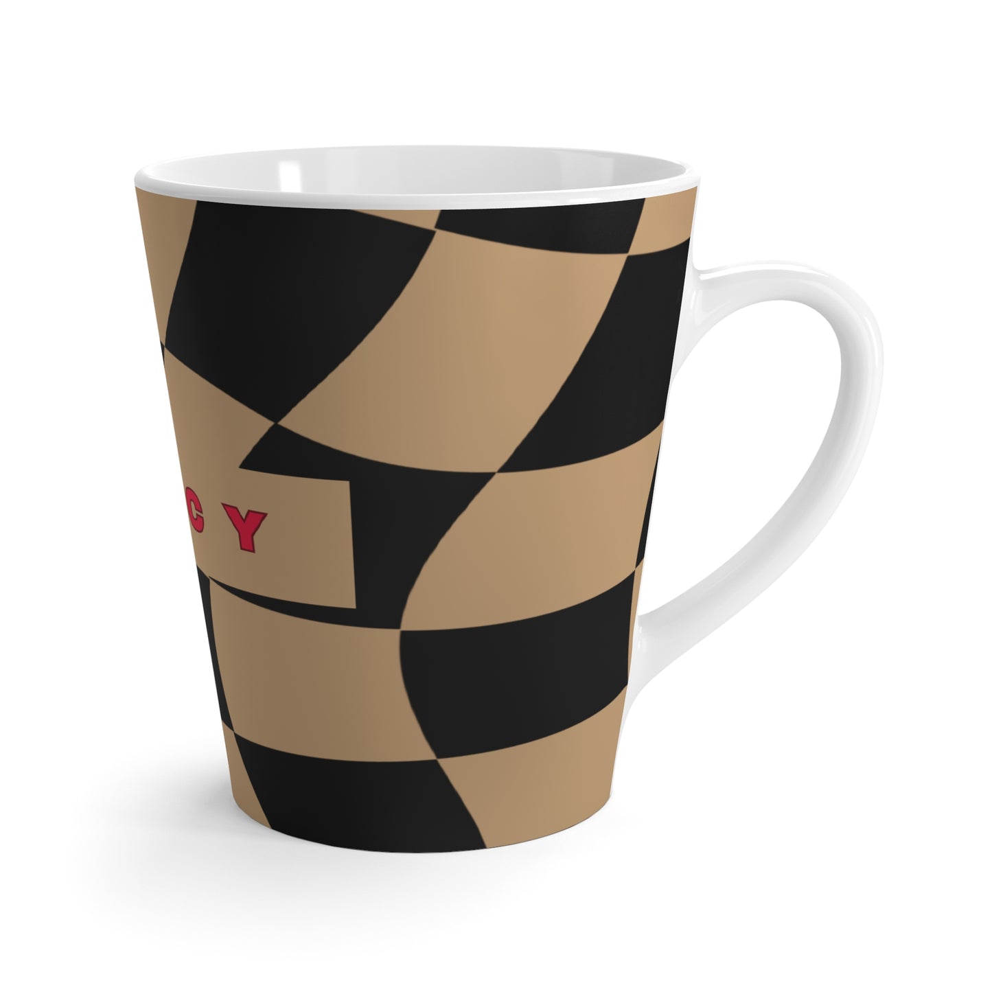 Mug with geometric black and beige pattern on a white background