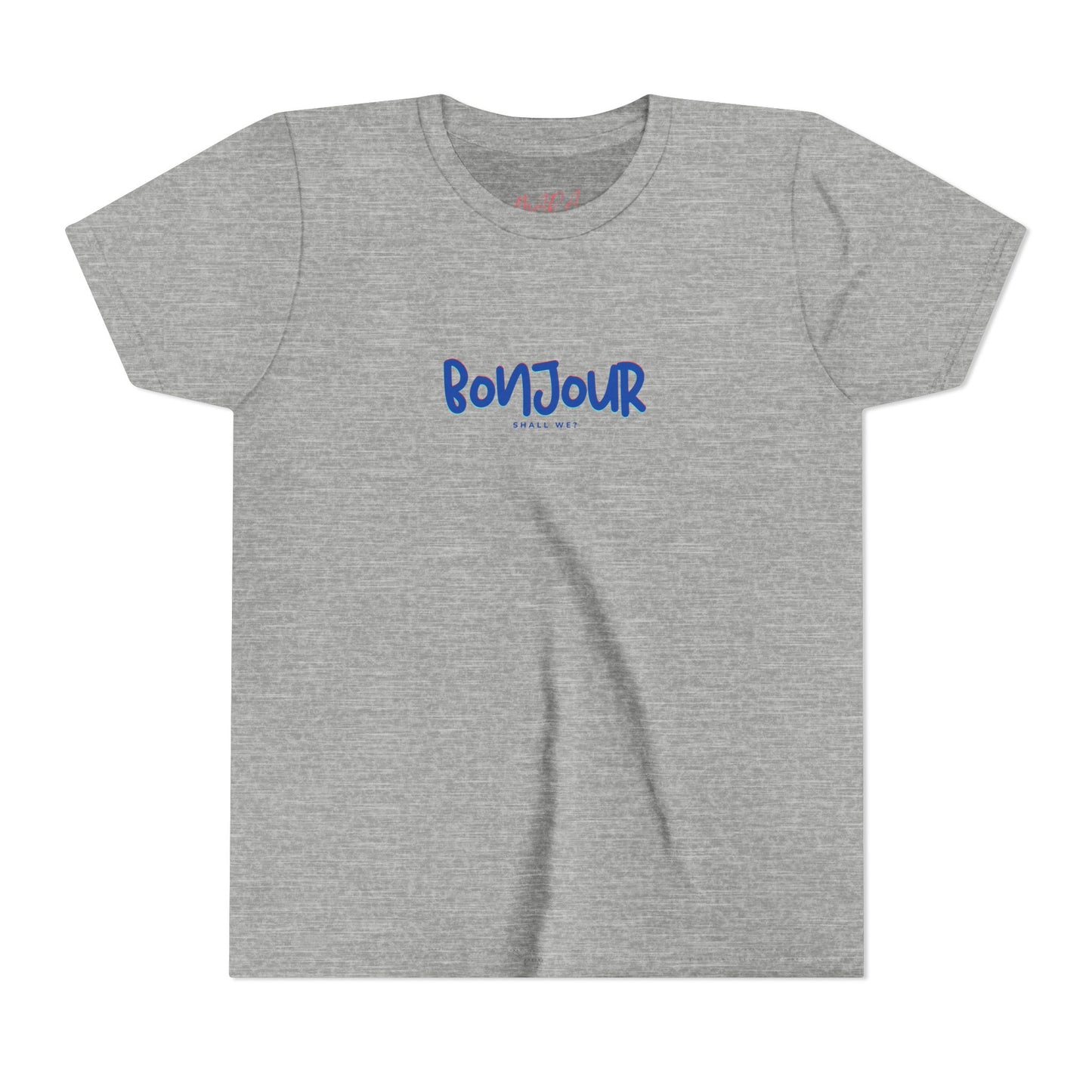 Gray t-shirt with blue 'Bonjour' text on a white background