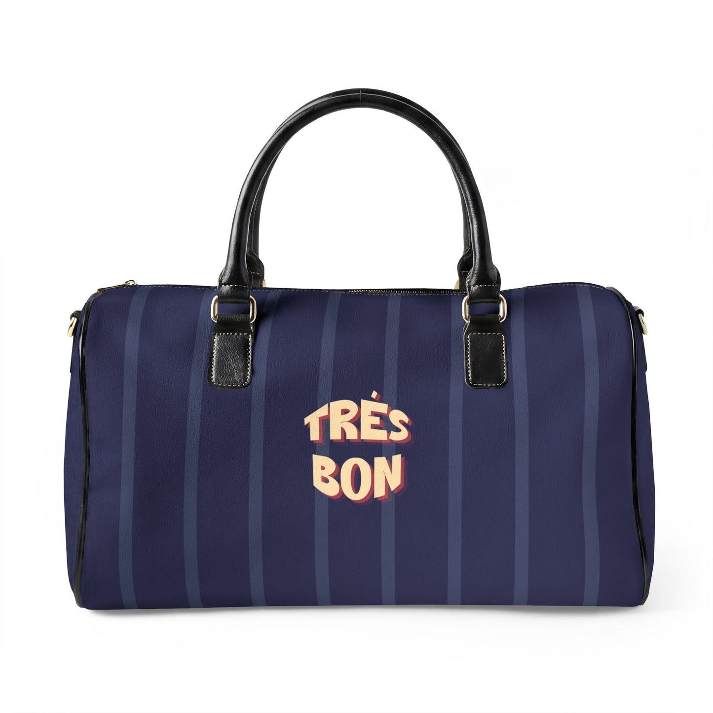 Navy striped duffel bag with 'Trés Bon' text on a white background