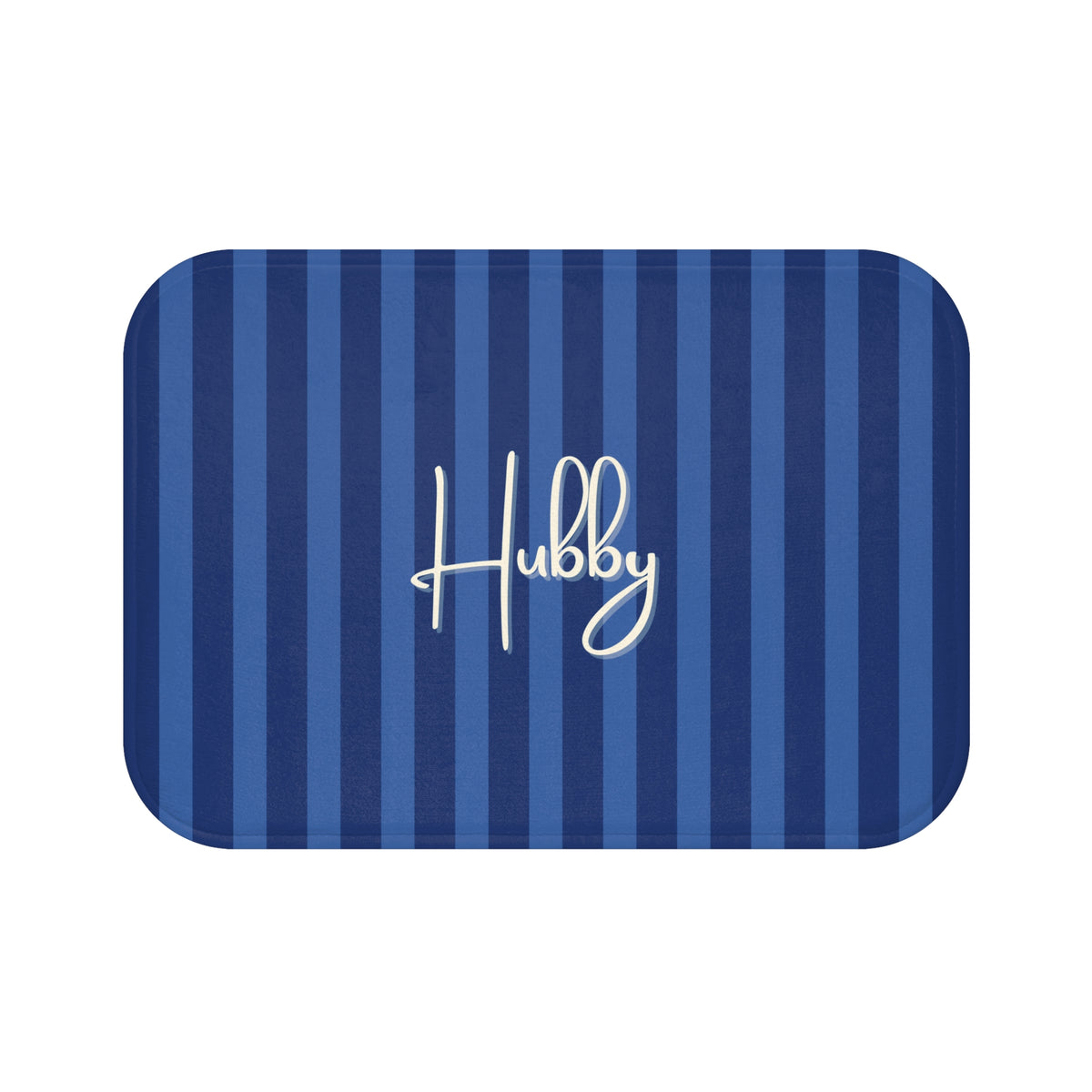 A rectangular mat with rounded corners, featuring vertical navy and medium blue stripes with the name 'Hubby' written in white script in the center, shown on a plain white background.