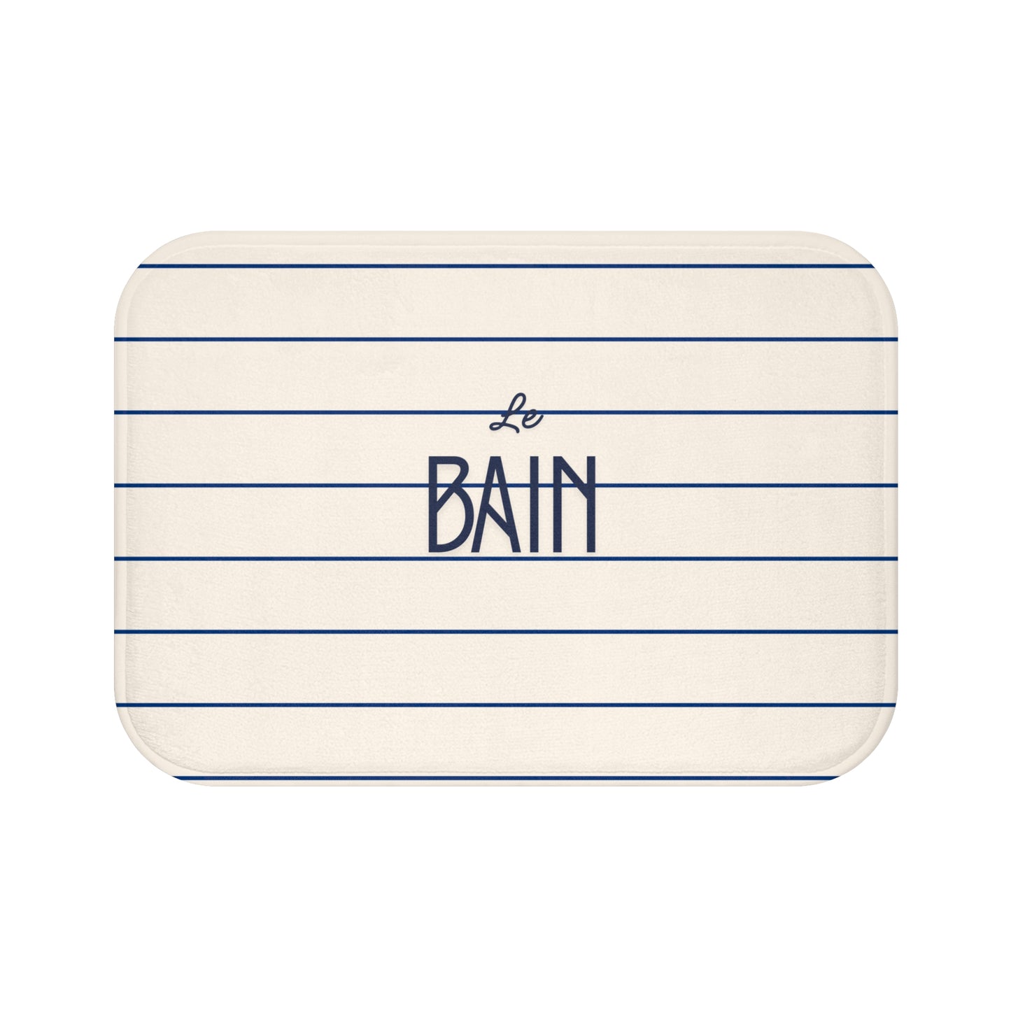 Rectangular bath mat with 'Le Bain' text on a white background