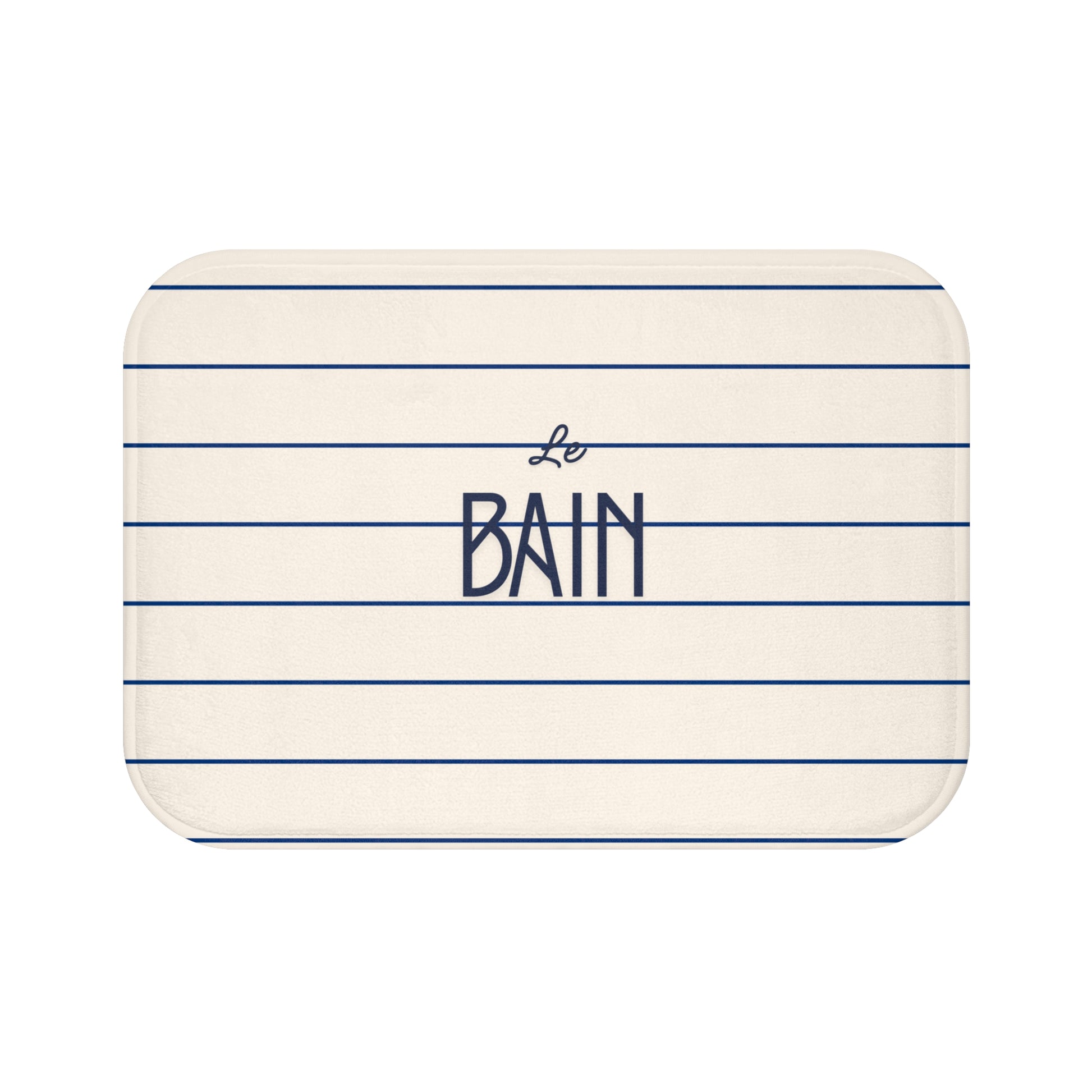 Rectangular bath mat with 'Le Bain' text on a white background