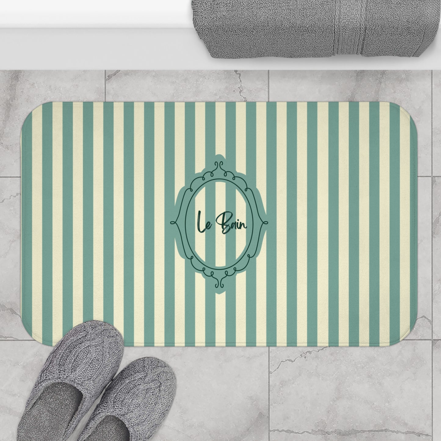 Le Bain Striped Bath Mat — Coastal Green/Cream Bathroom Rug