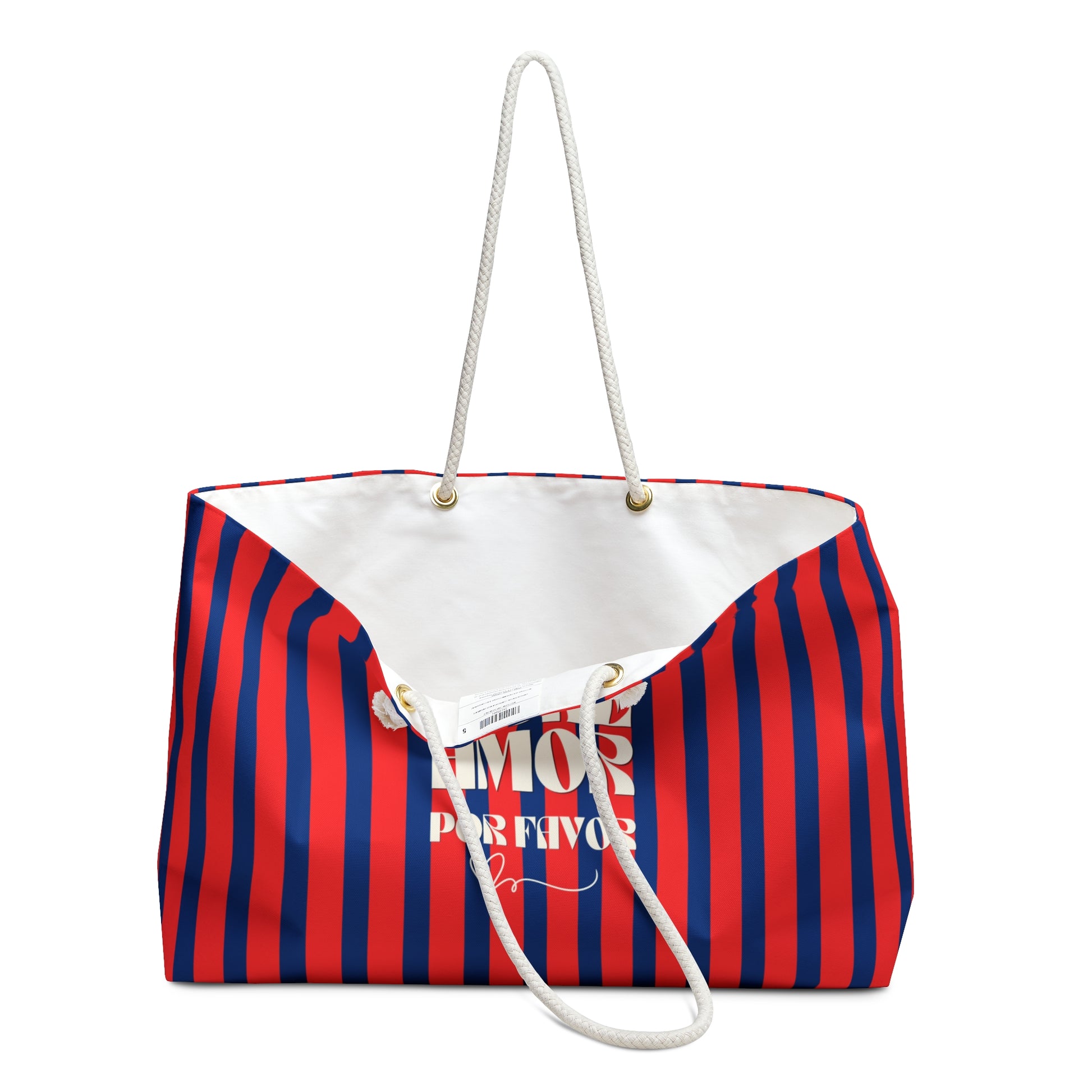 Striped bag with red and blue pattern on a white background