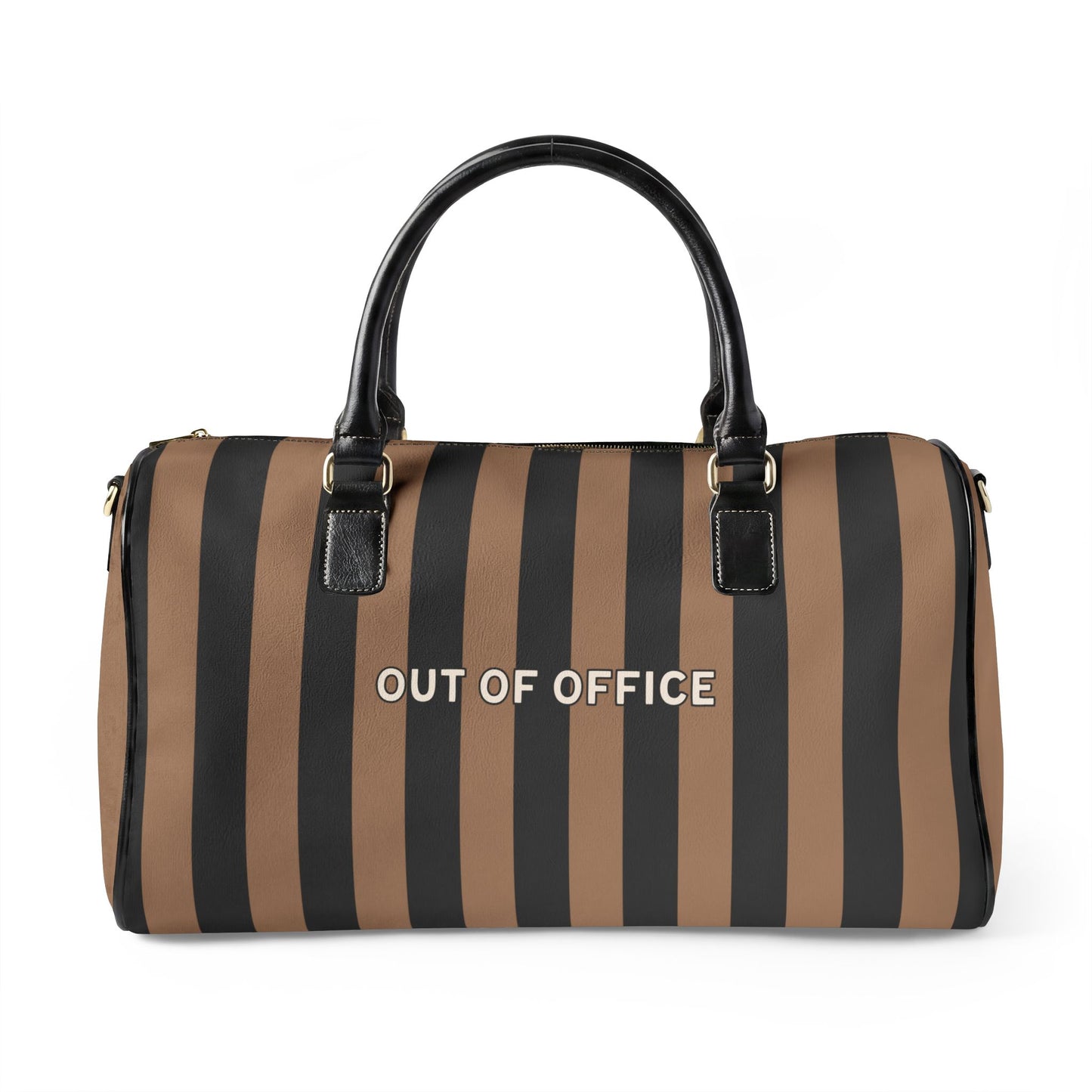 Striped duffel bag with 'OUT OF OFFICE' text on a white background