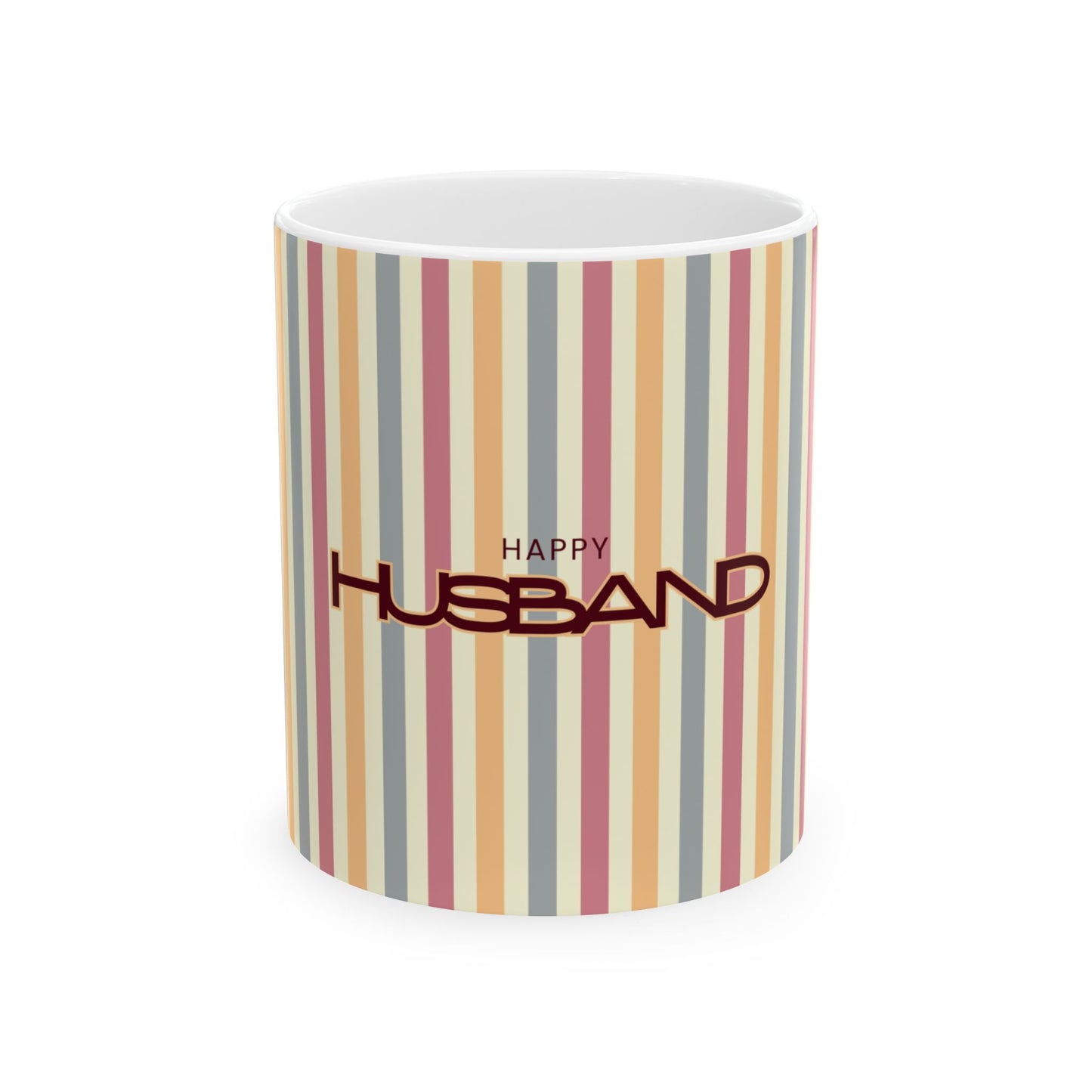 Striped mug with 'Happy Husband' text on a white background