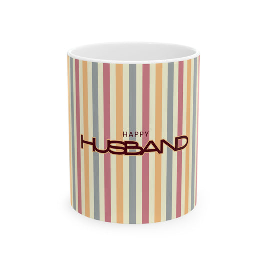 Striped mug with 'Happy Husband' text on a white background