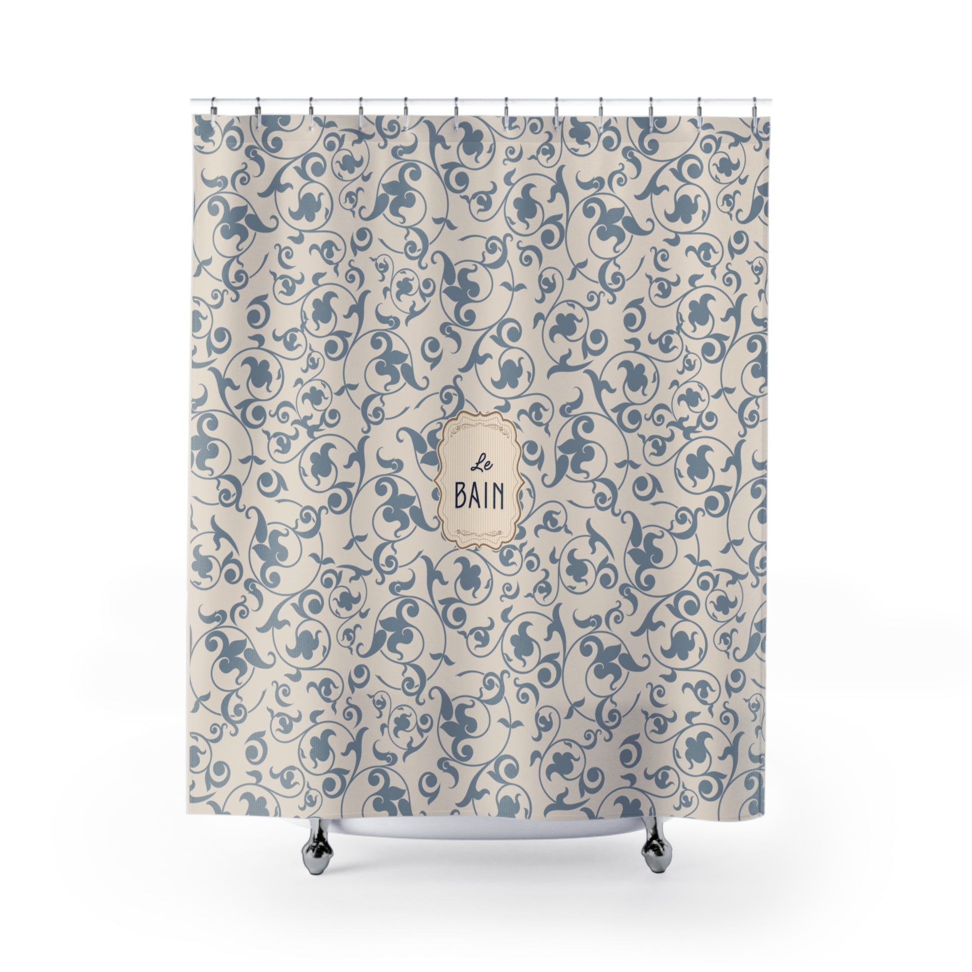 Shower curtain with floral pattern and 'Le Bain' label on a white background