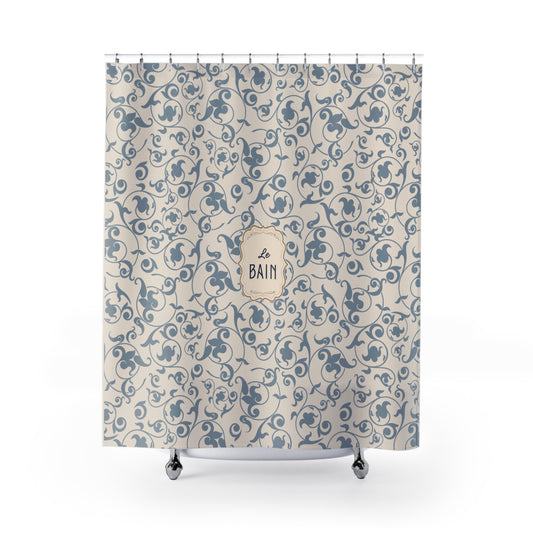 Shower curtain with floral pattern and 'Le Bain' label on a white background