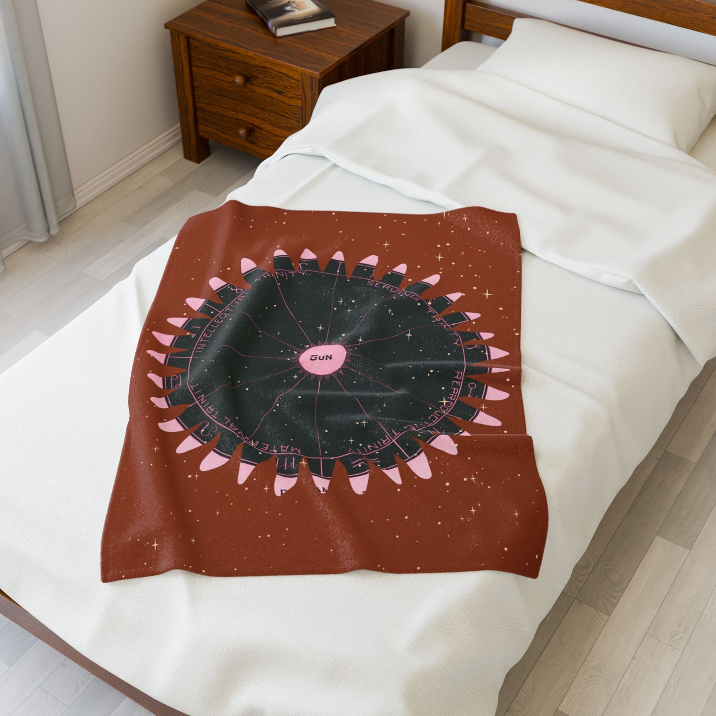 Blanket with astrological design on a bed in a bedroom setting