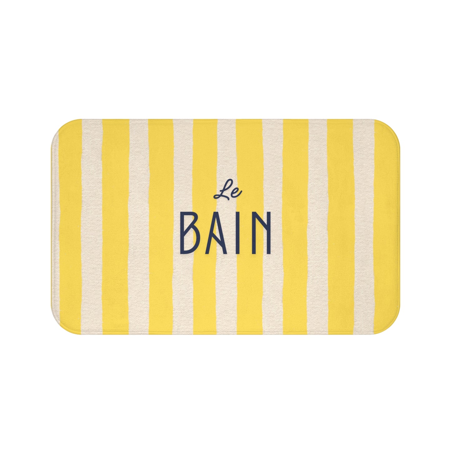 Yellow and white striped mat with 'Le Bain' text on a white background