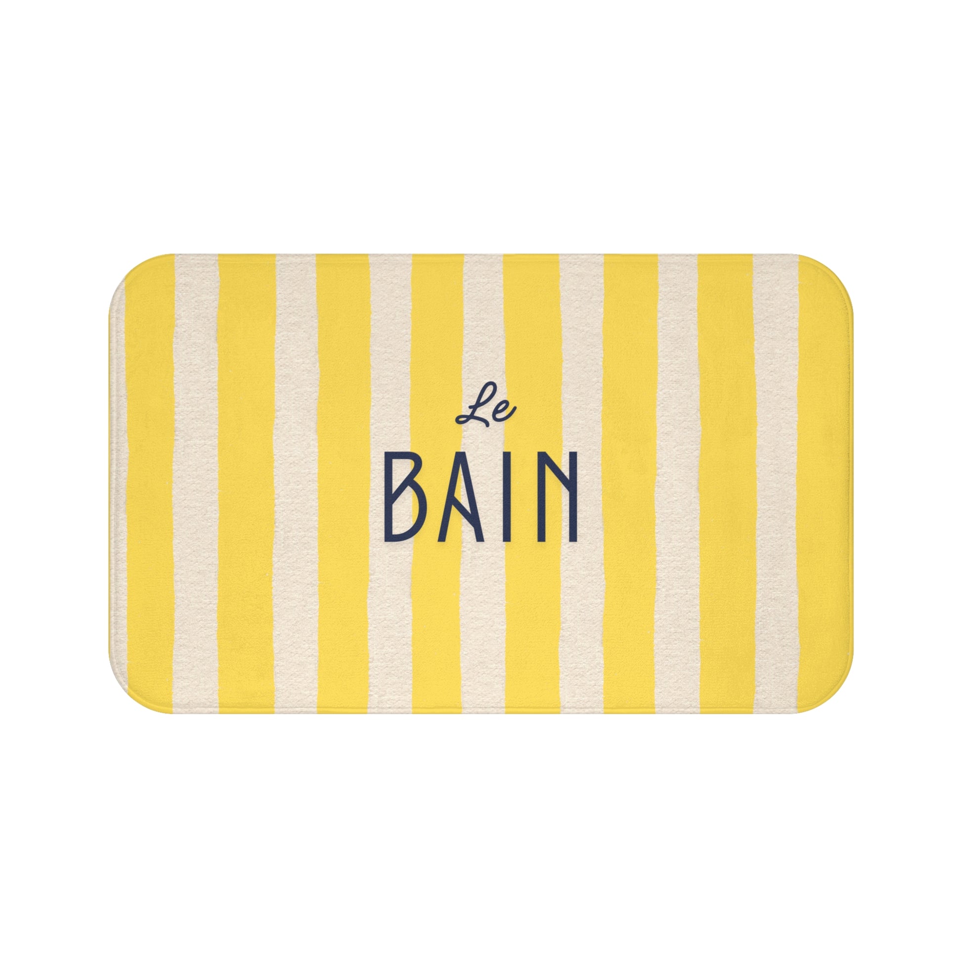 Yellow and white striped mat with 'Le Bain' text on a white background
