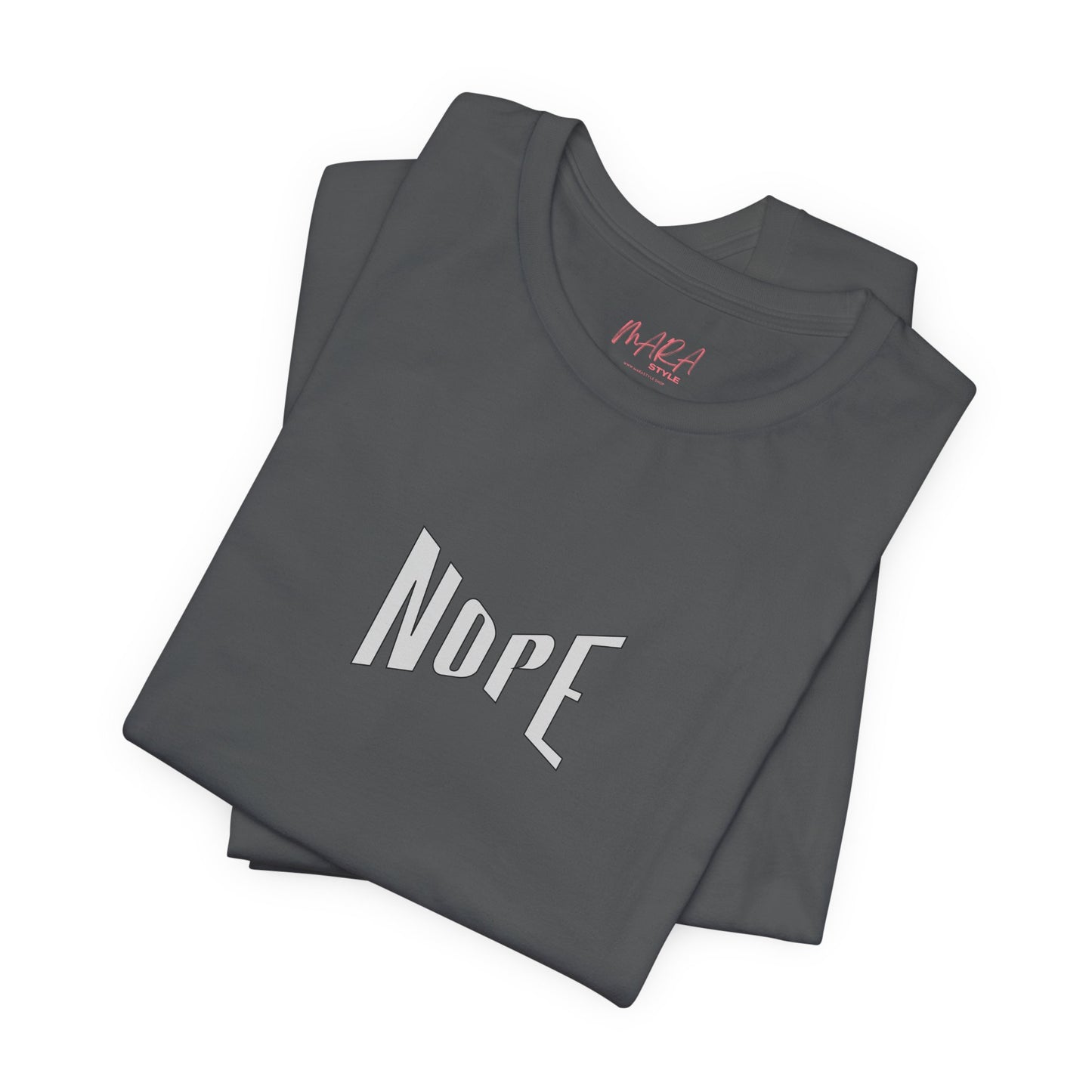 Black t-shirt with 'NOPE' text on a white background