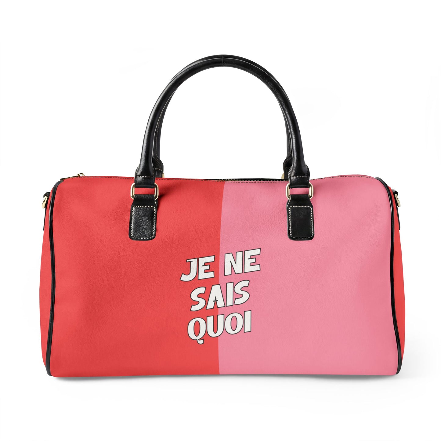 Duffel bag with red and pink split design and 'Je Ne Sais Quoi' text on a white background