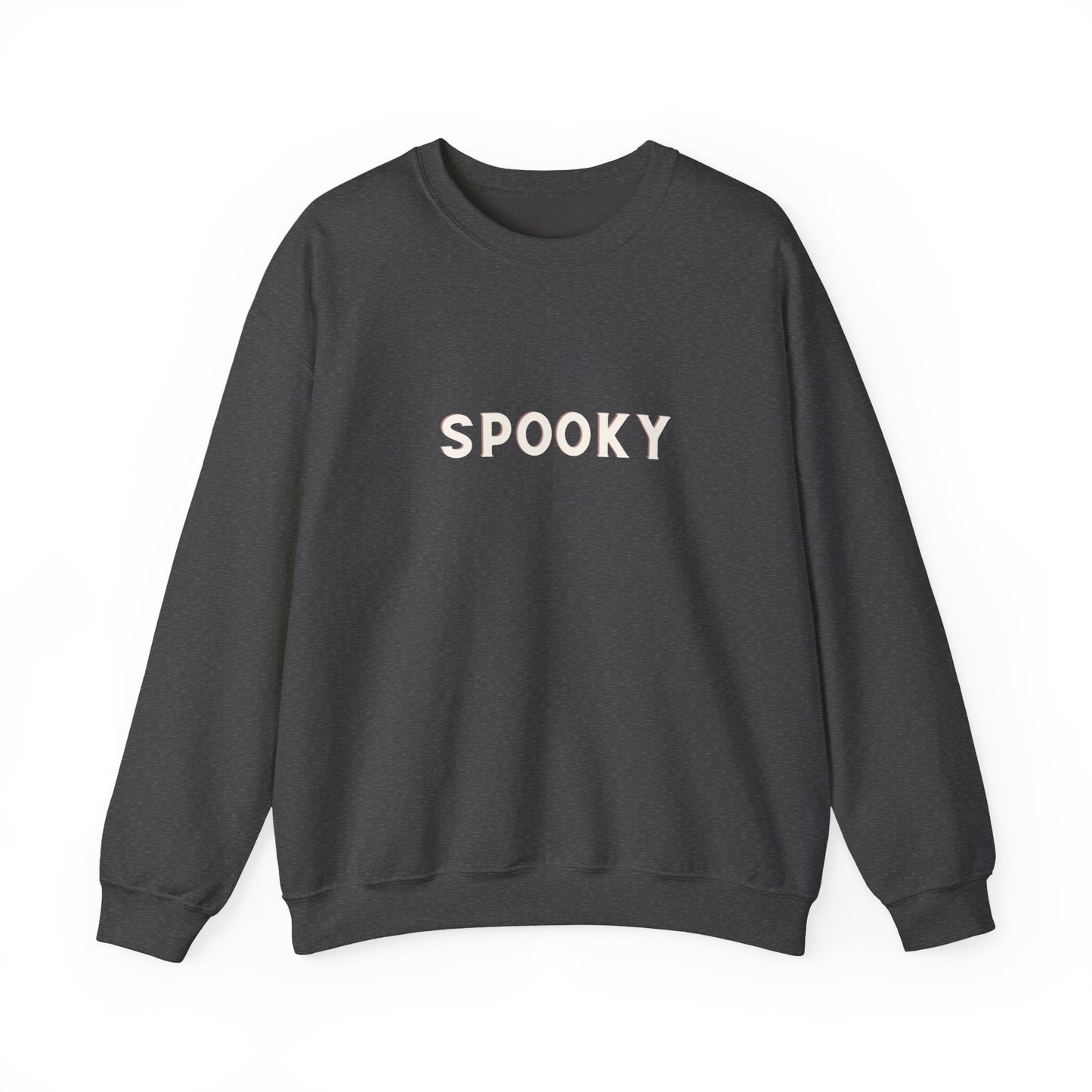 Black sweatshirt with 'SPOOKY' text on a white background