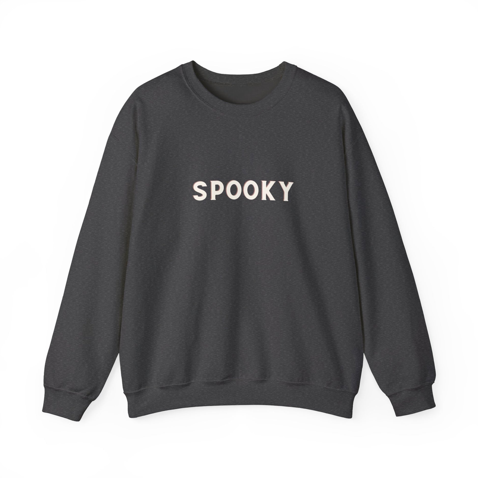 Black sweatshirt with 'SPOOKY' text on a white background