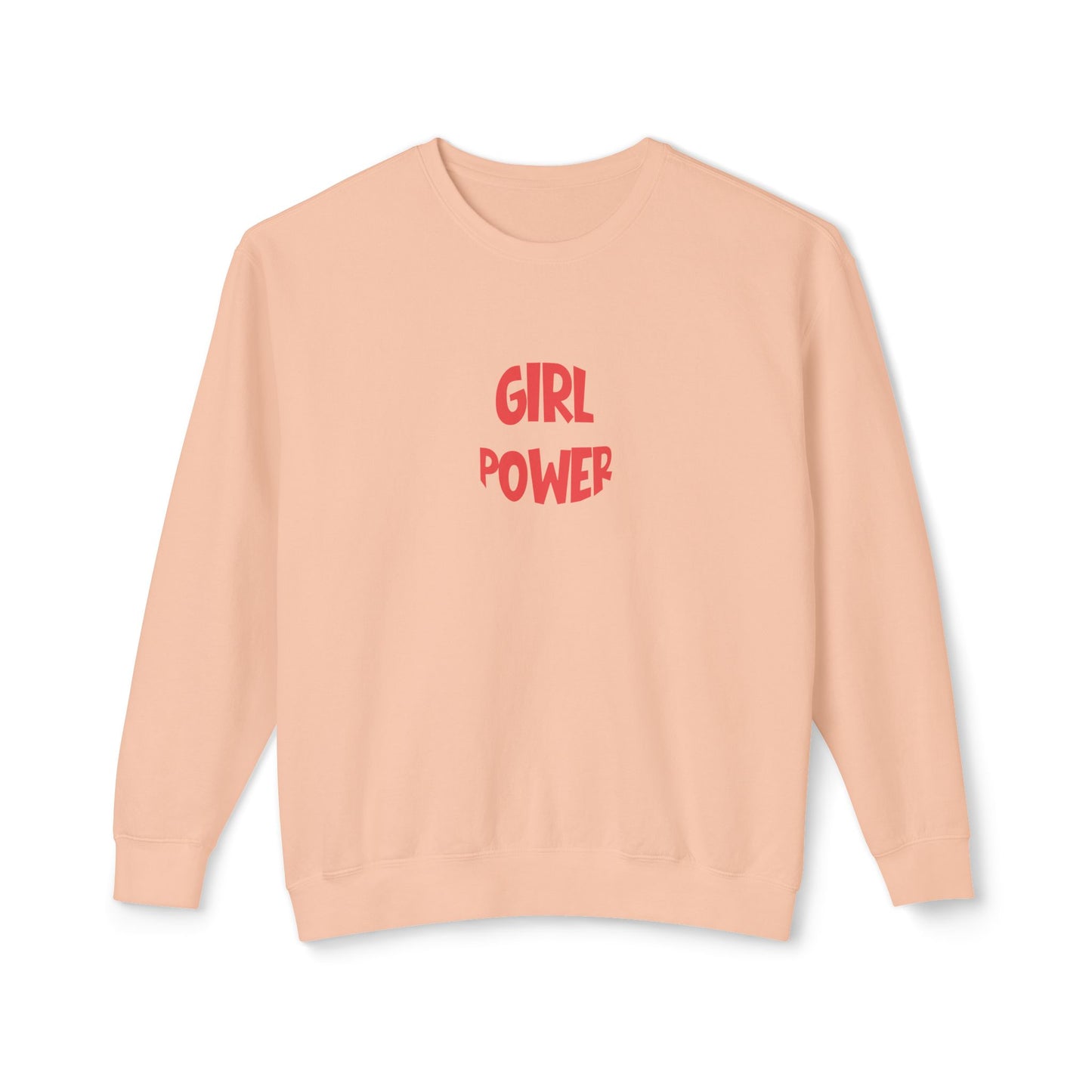 Pink sweatshirt with 'Girl Power' text on a white background
