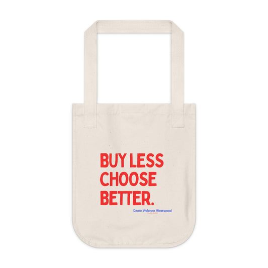 Beige tote bag with red text 'BUY LESS CHOOSE BETTER' on a white background