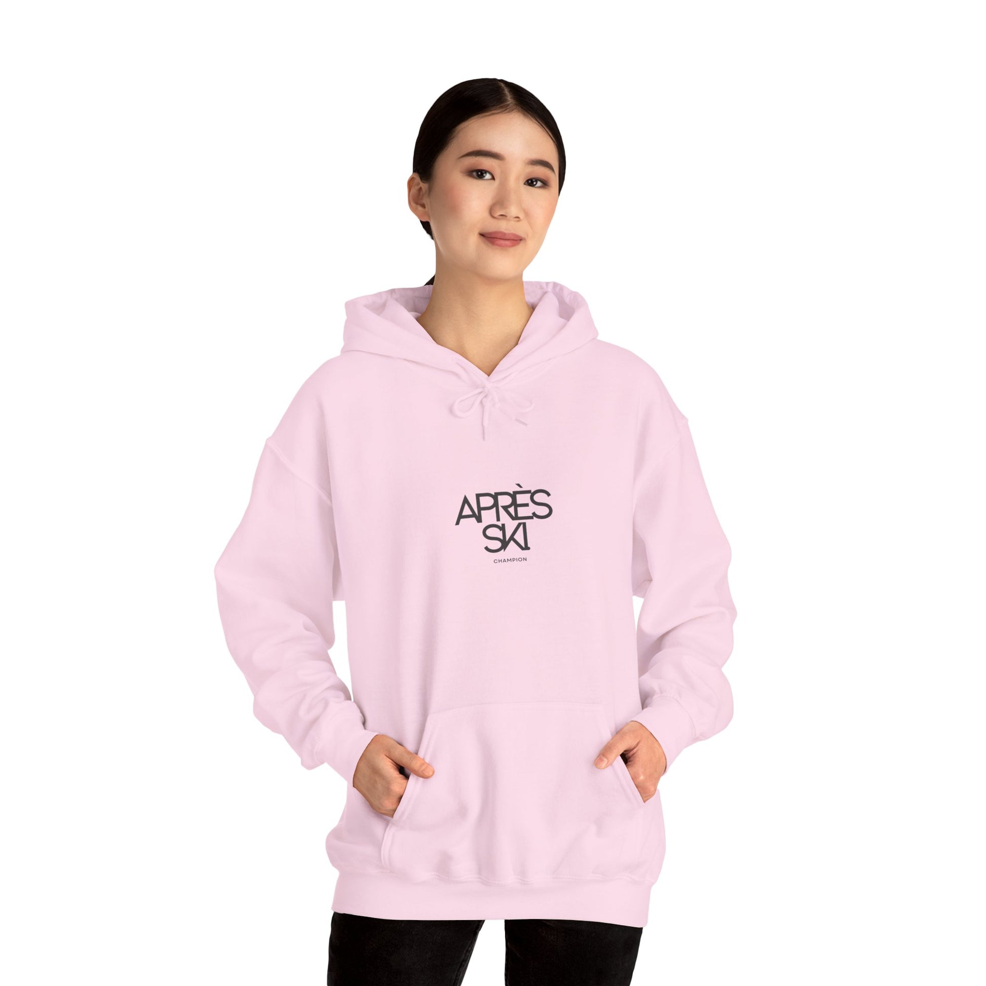 Person wearing a pink hoodie with 'AFRES SKI' text on a white background