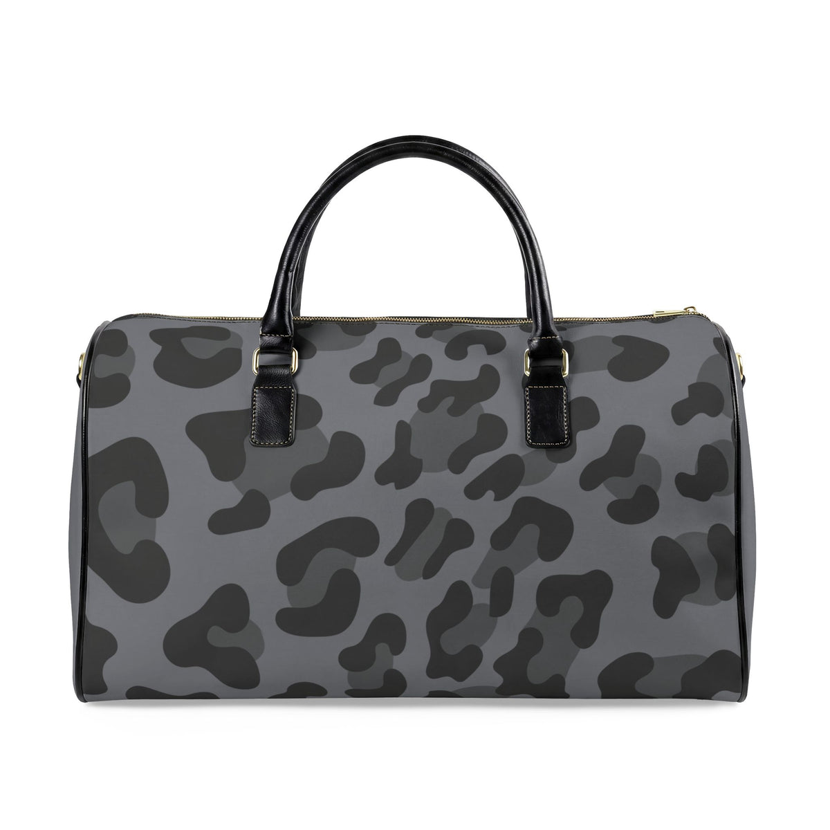 A gray and black camouflage-patterned duffle bag with black handles and gold-tone hardware, shown against a plain white background.