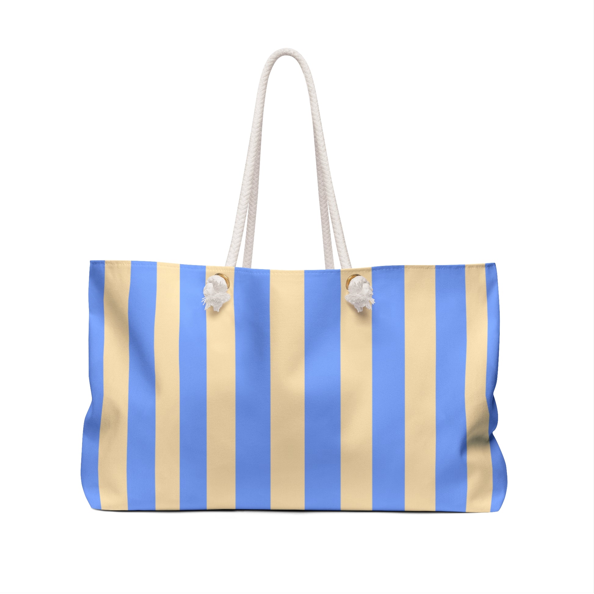 Striped beach bag with blue and beige pattern on a white background