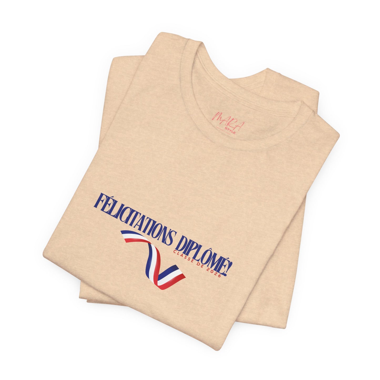 Beige t-shirt with 'Félicitations Diplômè' text and logo on a white background