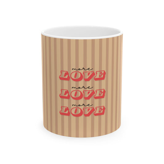 Mug with striped pattern and 'more love' text on a white background